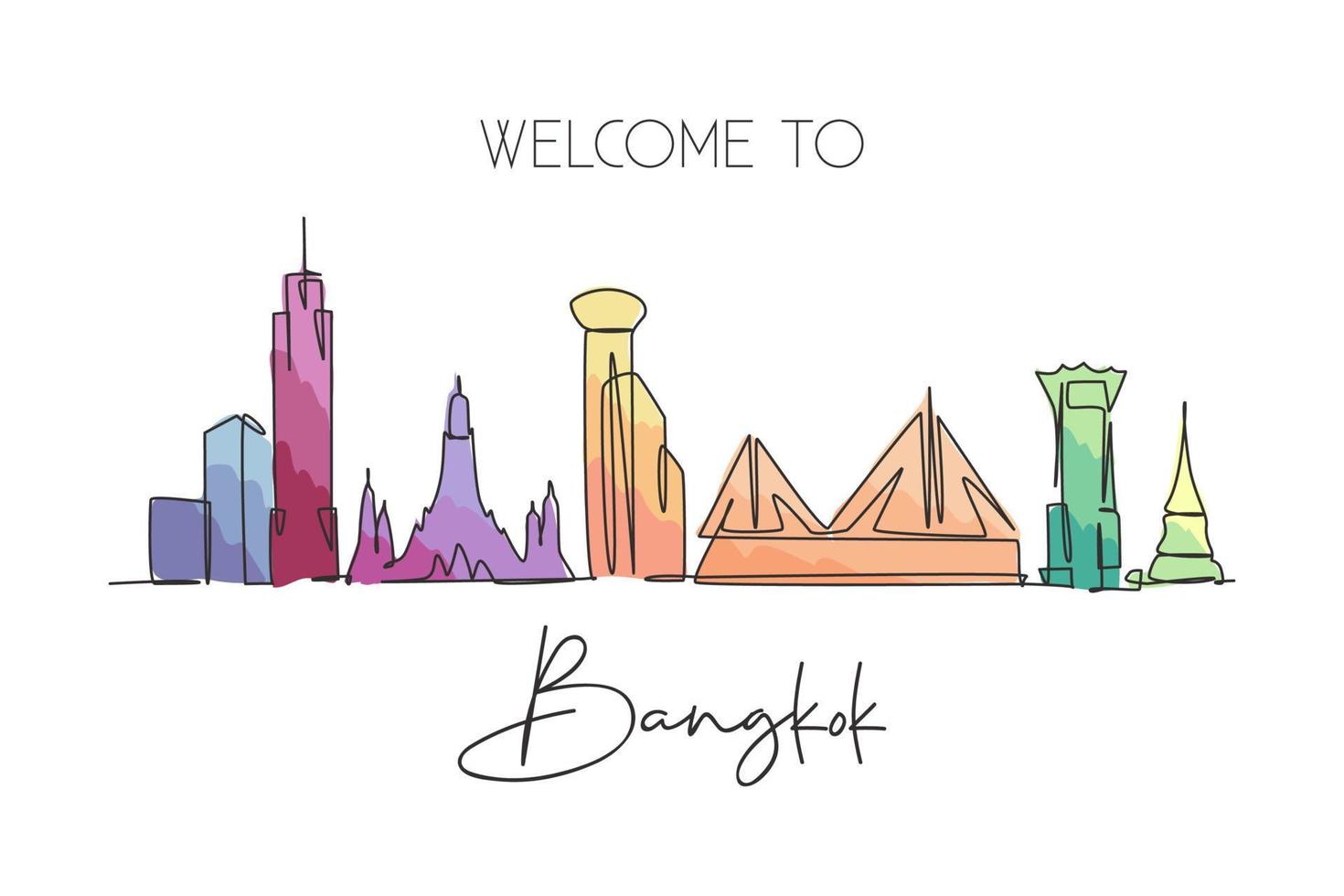 un dessin en ligne continu des toits de la ville de bangkok, en thaïlande. beau repère. affiche de vacances de voyage de tourisme de paysage mondial. illustration vectorielle de conception de dessin de ligne unique de trait élégant modifiable vecteur