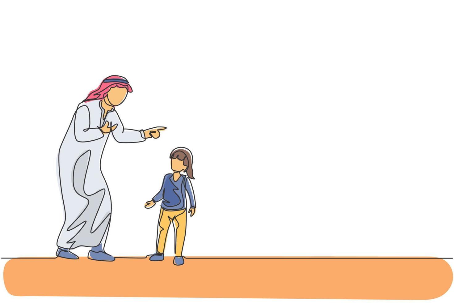 un dessin au trait continu d'un jeune père arabe donne des paroles et des conseils avisés à sa fille. heureux concept de famille parentale musulmane islamique. illustration vectorielle de dessin dynamique à une seule ligne vecteur