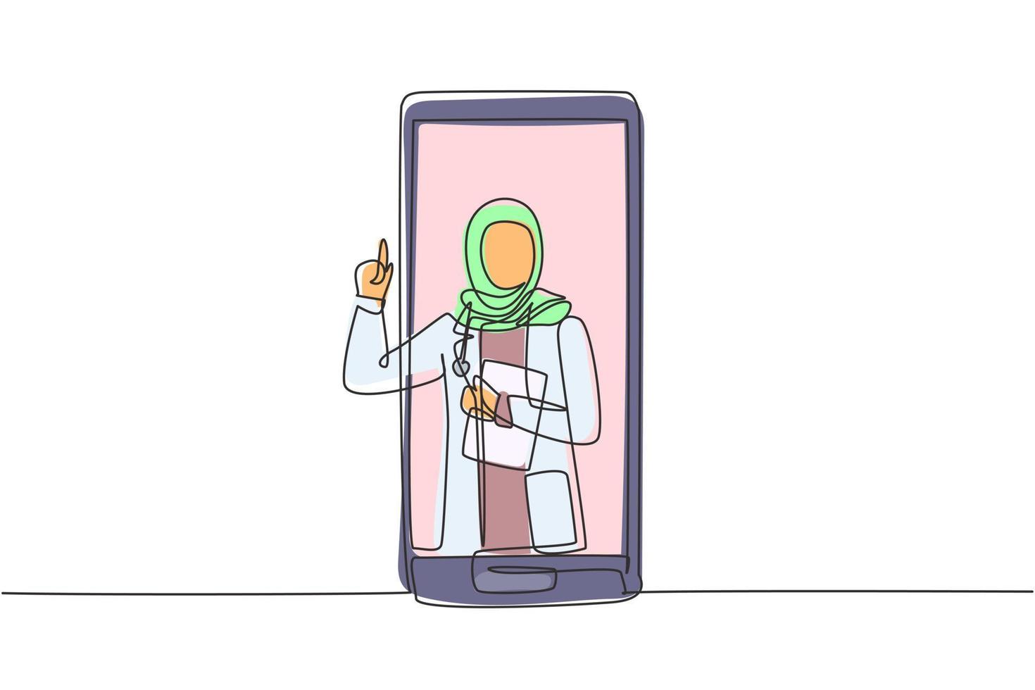 dessin continu d'une ligne hijab femme médecin sort de l'écran du smartphone tenant le presse-papiers. services médicaux en ligne, consultation médicale. illustration graphique de vecteur de conception de dessin à une seule ligne