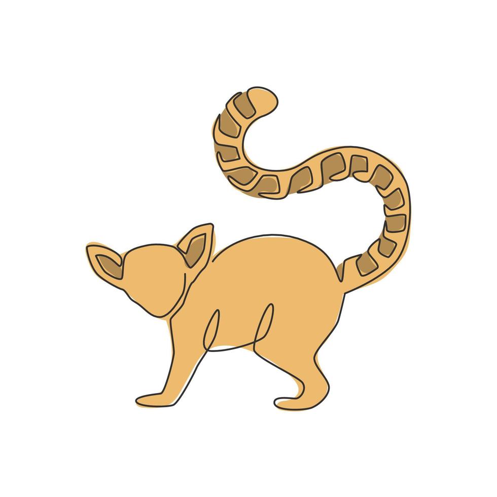 un dessin au trait continu d'un lémurien mignon avec un long anneau à queue pour l'identité du logo. concept de mascotte animale marsupiale pour l'icône du zoo national. illustration graphique de vecteur de conception de dessin à une seule ligne dynamique
