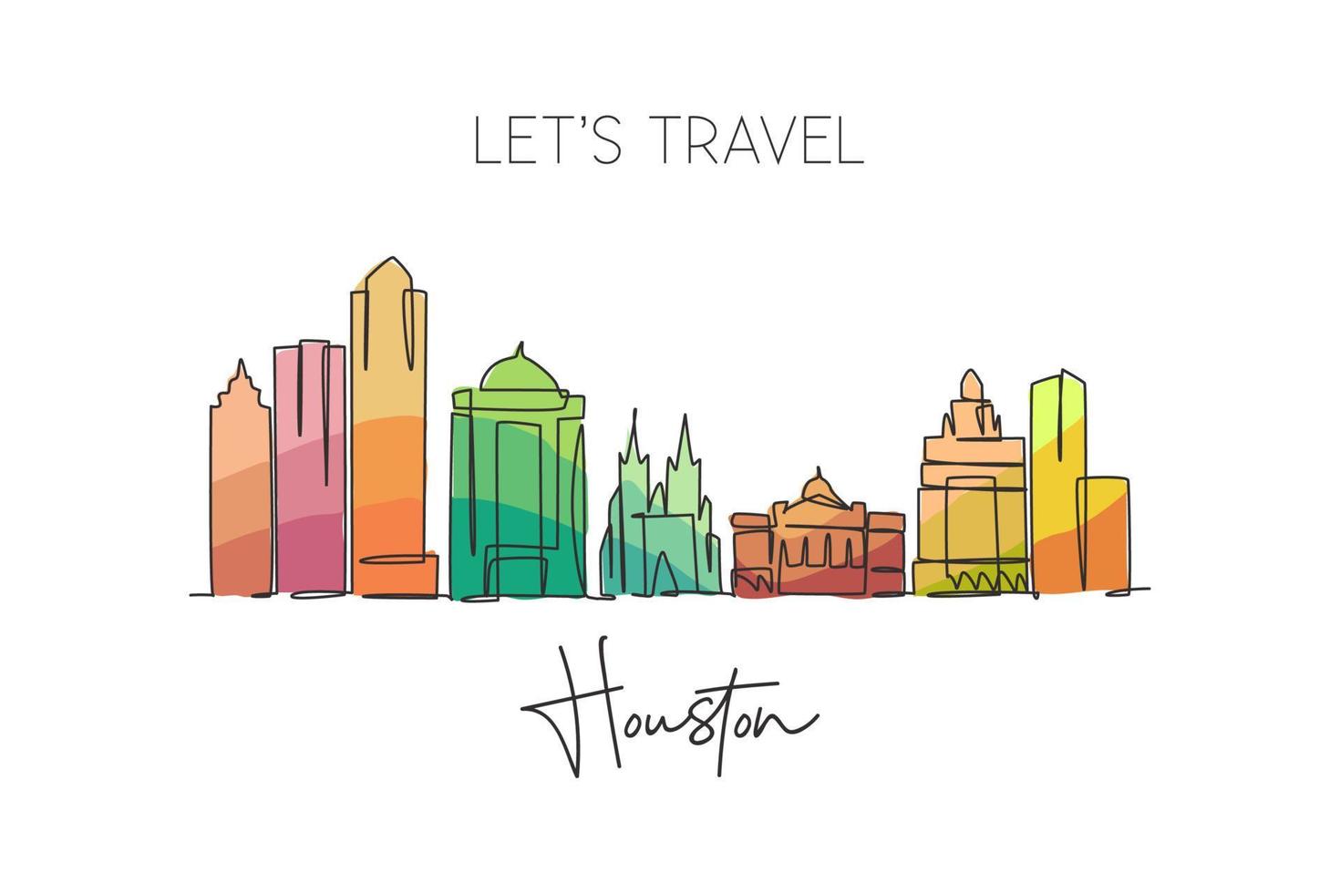 un seul dessin au trait des toits de la ville de houston, états-unis. paysage de ville historique dans le monde. meilleure destination de vacances. trait modifiable ligne continue à la mode dessin illustration vectorielle de conception vecteur