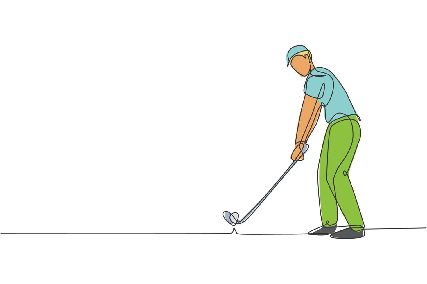 dessin en ligne continue d'un jeune joueur de golf heureux balancer le club de golf pour frapper la balle. concept de sport passe-temps. illustration vectorielle de dessin à la mode à une ligne pour les médias de promotion de tournoi de golf vecteur