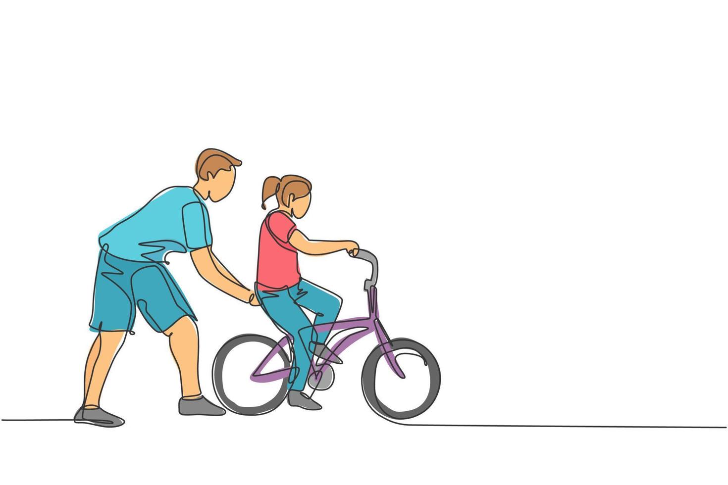 dessin au trait continu unique d'une jeune fille apprenant à faire du vélo avec son père dans un parc extérieur. leçon de parentalité. concept de temps en famille. Une ligne à la mode dessiner illustration vectorielle de conception graphique vecteur