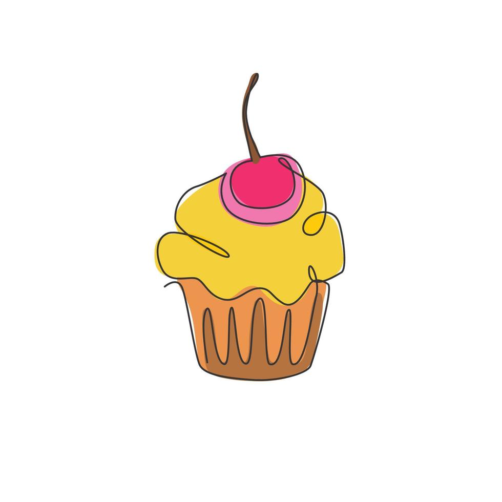 un seul dessin au trait de muffin frais avec illustration vectorielle du logo de la boutique en ligne de gâteau aux cerises. menu de café de pâtisserie sucrée et concept de badge de restaurant. logotype de cookies de conception de dessin de ligne continue moderne vecteur