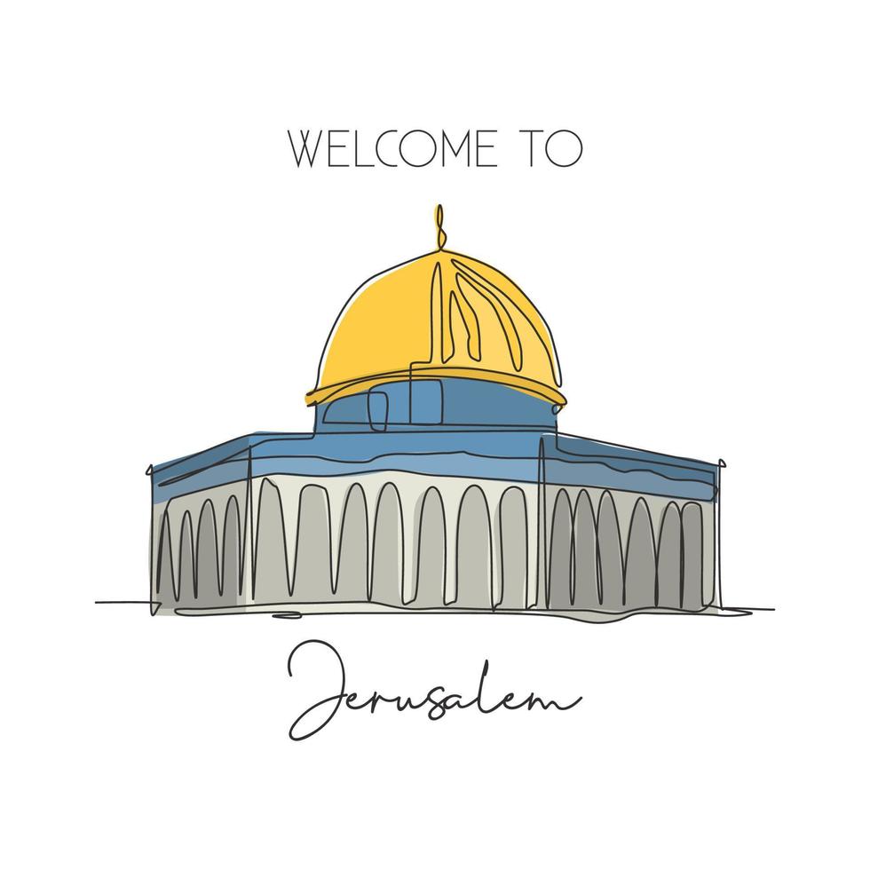 une seule ligne dessinant le dôme du rocher, point de repère de la mosquée al aqsa. célèbre emblématique de Jérusalem. concept d'affiche de décoration murale de maison de carte postale de tourisme. illustration vectorielle de dessin de ligne continue moderne vecteur