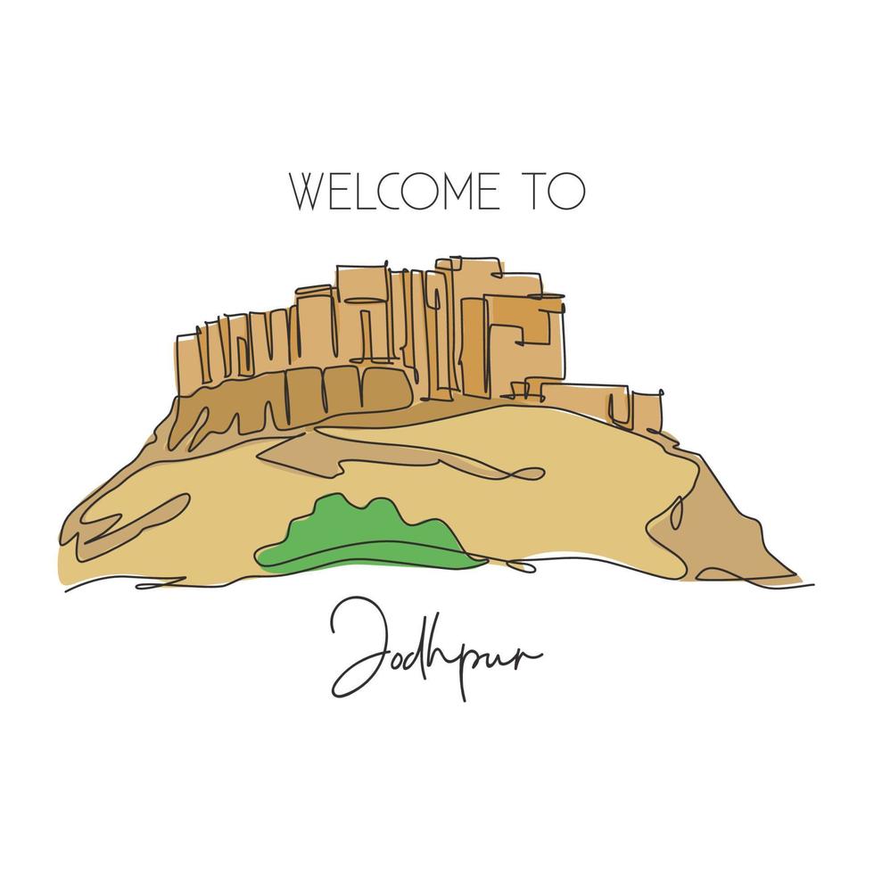 dessin en ligne continue unique point de repère du fort de mehrangarh. le plus bel endroit de jodhpur, en inde. concept d'impression d'affiche d'art mural de décoration de voyage dans le monde. illustration vectorielle de dessin à une ligne moderne vecteur