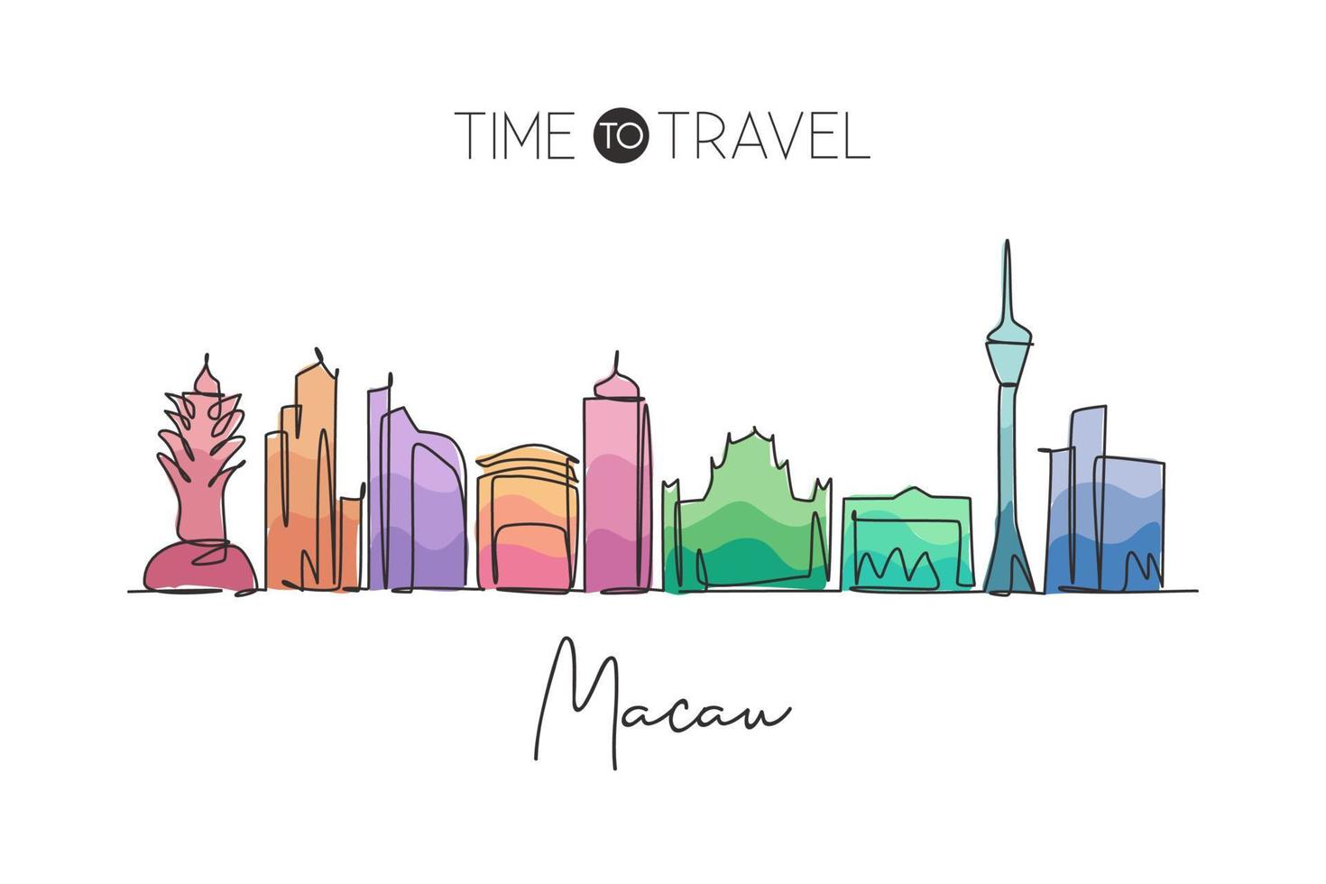 dessin en ligne continue unique de l'horizon de la ville de macao, chine. Grattoir de ville célèbre et affiche d'art de décor de mur de maison de paysage. concept de voyage mondial. illustration vectorielle de dessin à une ligne moderne vecteur