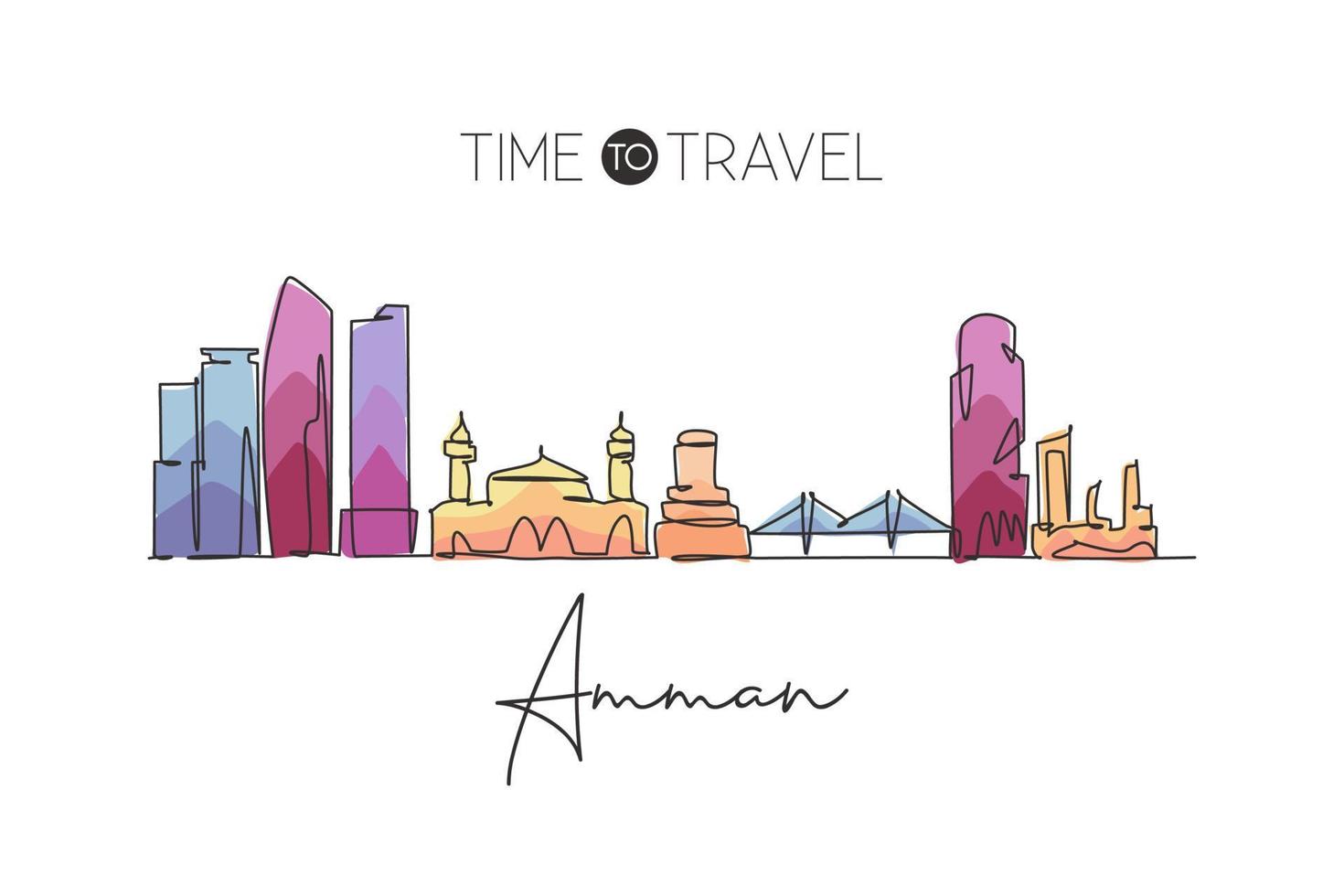 dessin en ligne continue unique des toits de la ville d'amman, jordanie. Grattoir de la ville célèbre et affiche d'art mural de décor à la maison de paysage. concept de voyage mondial. illustration vectorielle de dessin à une ligne moderne vecteur