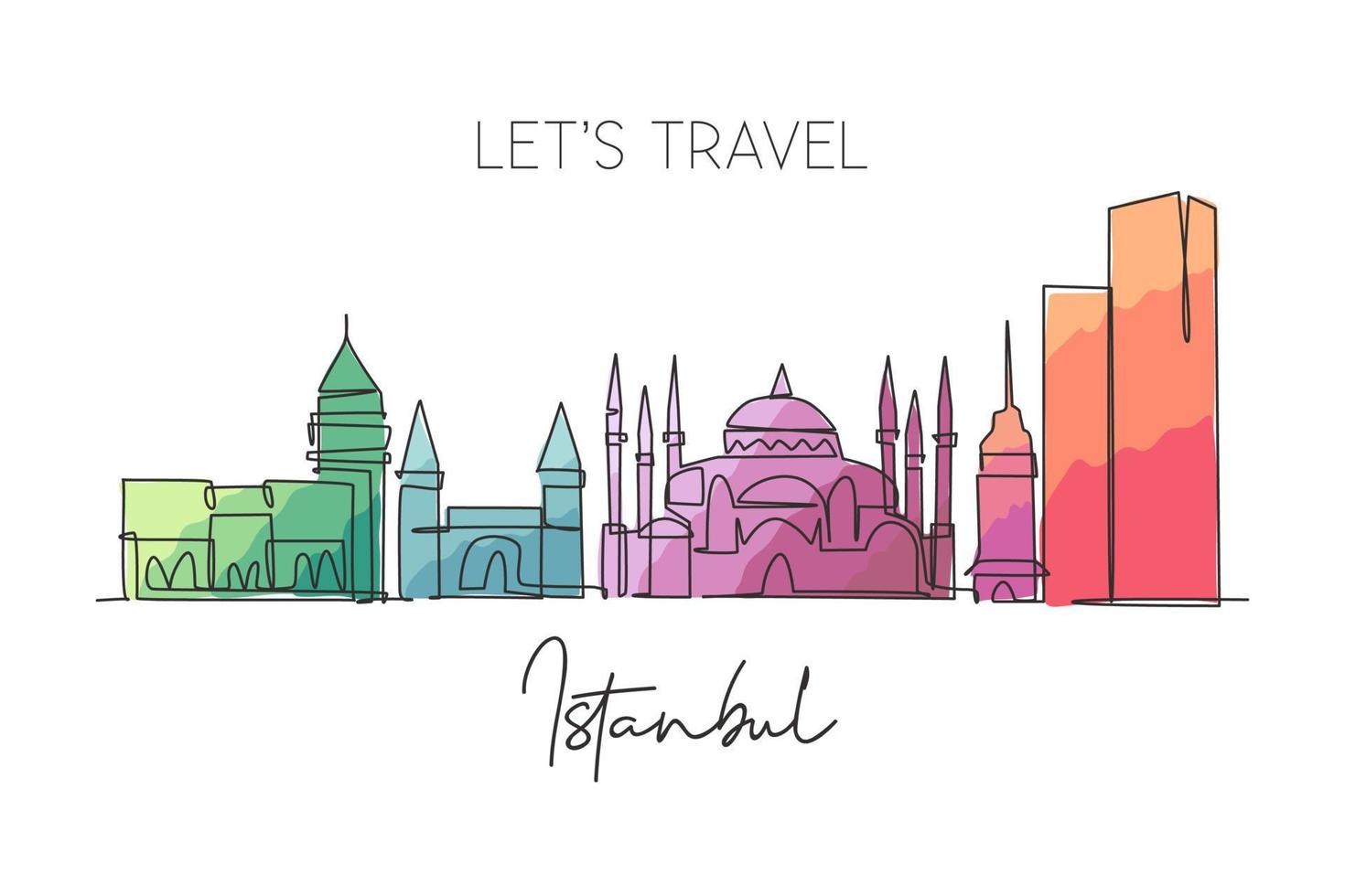 une seule ligne dessinant les toits de la ville d'istanbul, en turquie. paysage de ville historique dans le monde. meilleure destination de vacances affiche de décoration murale d'art à la maison. illustration vectorielle de dessin à la ligne continue à la mode vecteur