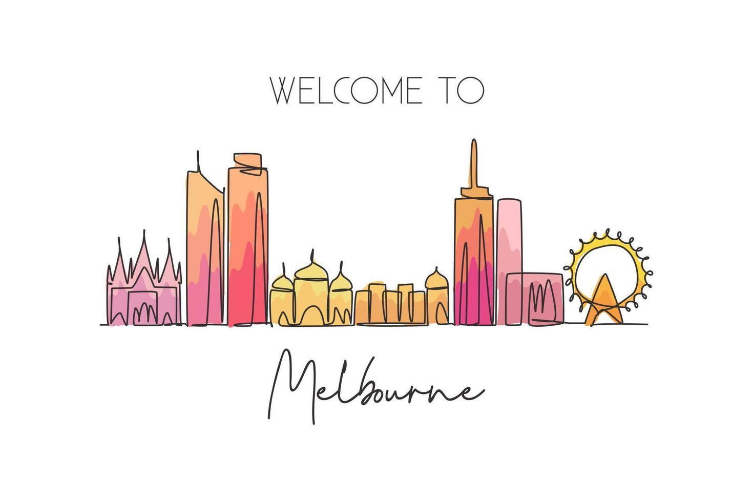 un dessin en ligne continu des toits de la ville de melbourne, australie. beau repère. tourisme de paysage mondial et vacances de voyage. illustration vectorielle de conception de dessin de ligne unique de trait élégant modifiable vecteur