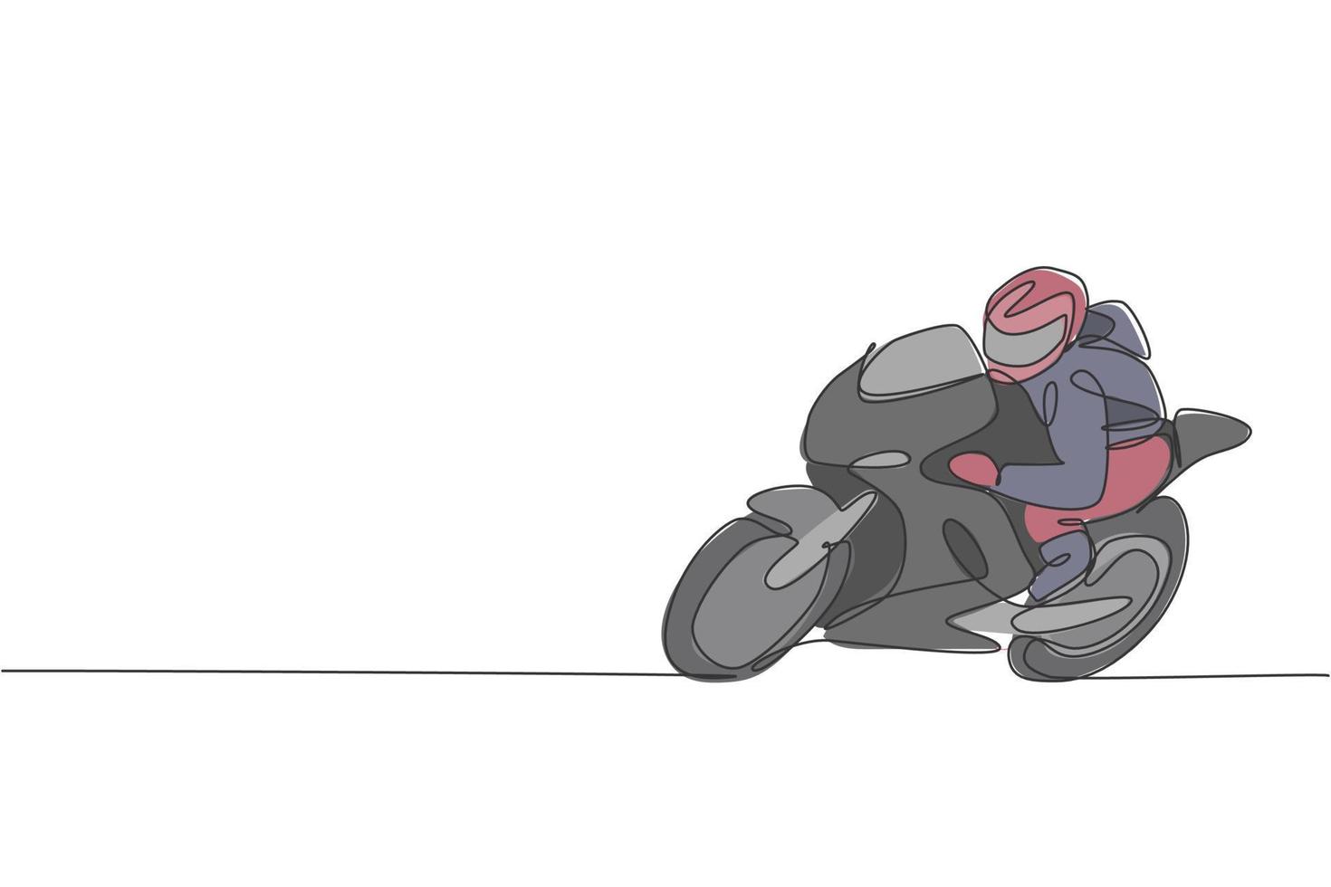 un dessin en ligne continu d'un jeune motard pratiquant sur une piste de circuit. illustration vectorielle graphique de concept de course de vélo super. conception dynamique de dessin à une seule ligne pour une affiche de promotion de course de motos vecteur