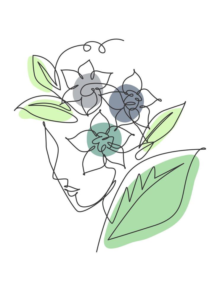 un dessin au trait continu beauté minimaliste nature coiffure cosmétique. bouquet de fleurs dans le concept de visage abstrait de tête de femme. impression de décoration murale. illustration vectorielle graphique de conception de dessin d'art de ligne unique vecteur