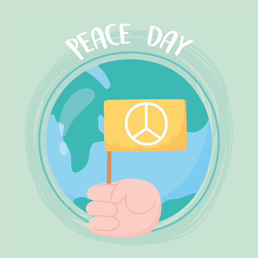 journée internationale de la paix avec la main tenant un drapeau de la paix vecteur