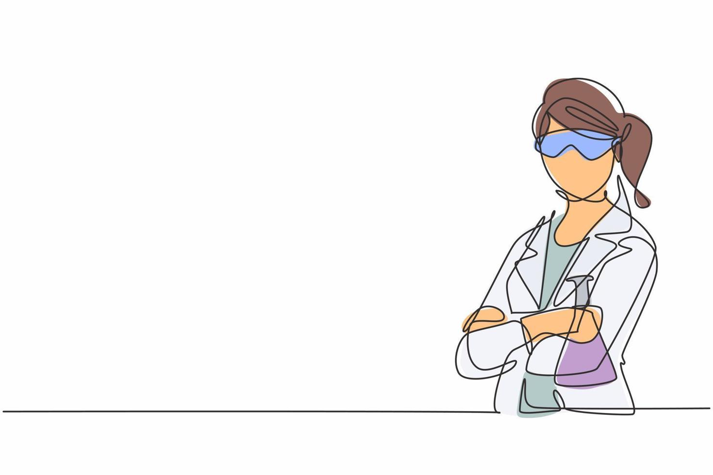 dessin d'une seule ligne continue jeune femme scientifique portant des lunettes et tenant un flacon en laboratoire. travail professionnel emploi emploi. concept de minimalisme une ligne dessiner illustration vectorielle de conception graphique vecteur