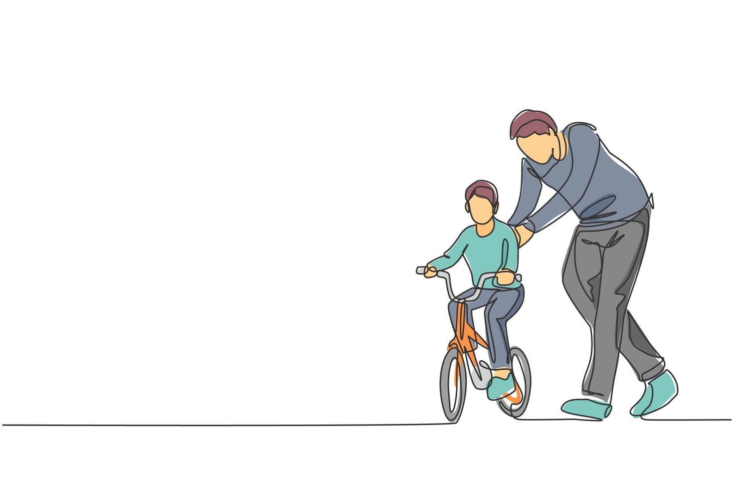 un dessin au trait continu du jeune père aide son fils à apprendre à faire du vélo à la campagne ensemble. concept de leçon de parentalité. illustration vectorielle graphique de conception de dessin à une seule ligne dynamique vecteur