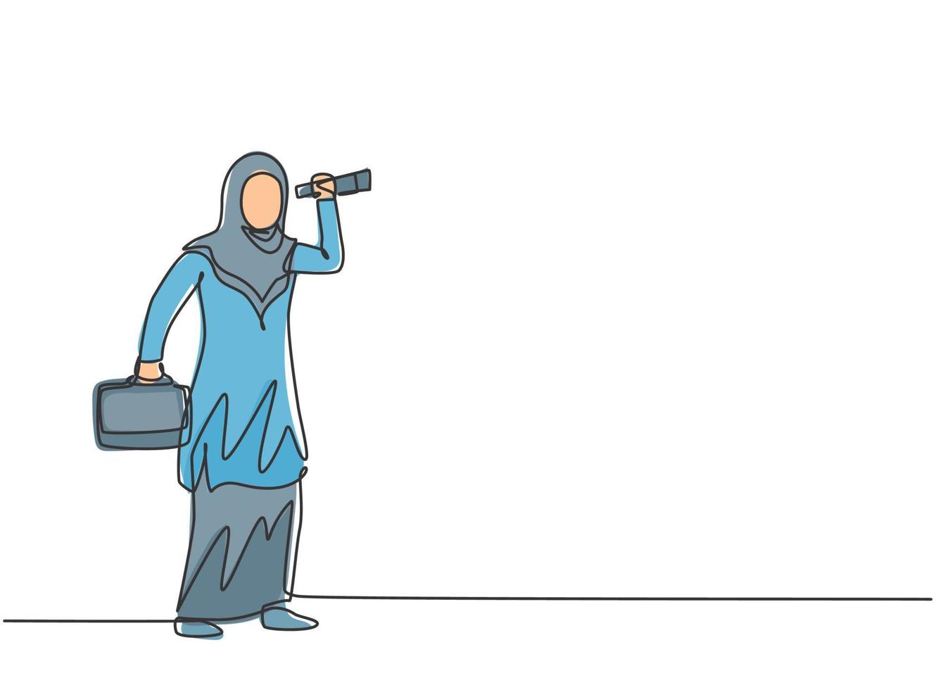 une seule ligne dessinant une jeune femme d'affaires arabe analyse la situation du marché avec un monoculaire. Défi commercial. concept de métaphore minimale. illustration vectorielle graphique de conception de ligne continue moderne vecteur