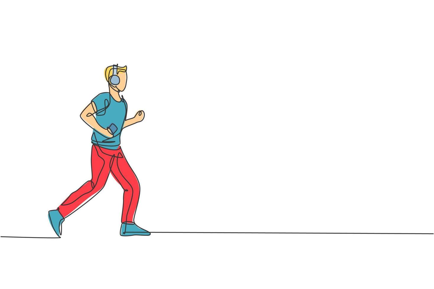 une seule ligne continue dessinant un jeune coureur agile courir calmement et se détendre en écoutant de la musique. concept d'action sportive saine. graphique d'illustration vectorielle de conception de dessin à une ligne à la mode pour la campagne en cours vecteur