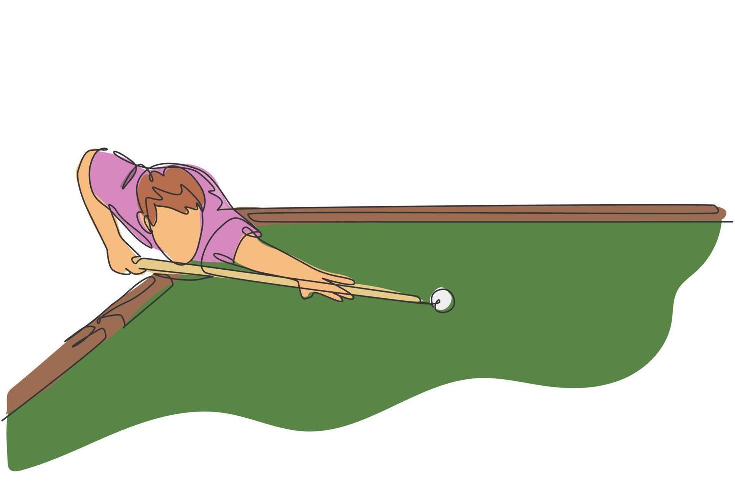 dessin en ligne continue d'un jeune bel athlète professionnel jouant au billard dans la salle de billard du bar. concept de jeu de sport en salle. illustration vectorielle de conception de dessin à une ligne à la mode vecteur