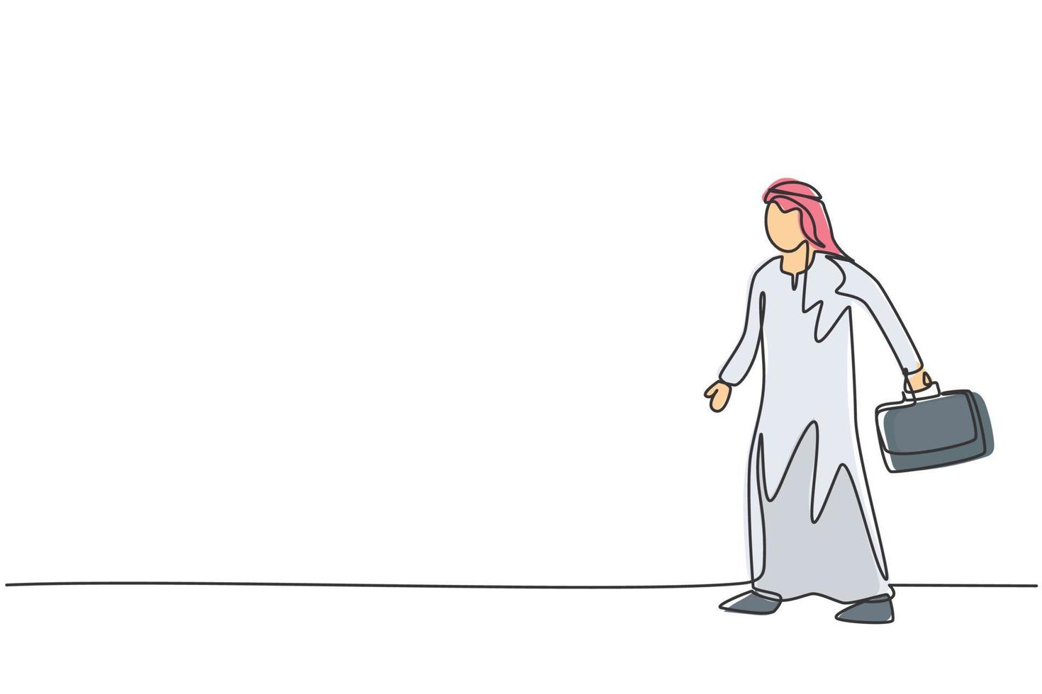 dessin continu d'une ligne jeune travailleur arabe marchant vers son bureau tout en tenant une mallette. concept minimaliste de gestionnaire d'entreprise de succès. illustration graphique de vecteur de conception de dessin à une seule ligne