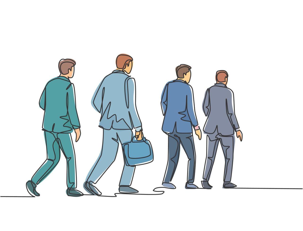 un seul dessin au trait de jeunes employés, hommes et femmes, marchant ensemble se précipita pour ne pas être en retard au travail. concept de travailleurs de banlieue urbaine ligne continue dessiner illustration graphique vectorielle de conception vecteur