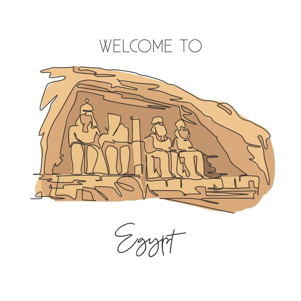 une seule ligne dessinant le point de repère d'abu simbel. célèbre emblématique de la nubie du village égyptien. concept d'affiche d'art de décor de mur de maison de carte postale de voyage de tourisme. illustration vectorielle de dessin de ligne continue moderne vecteur