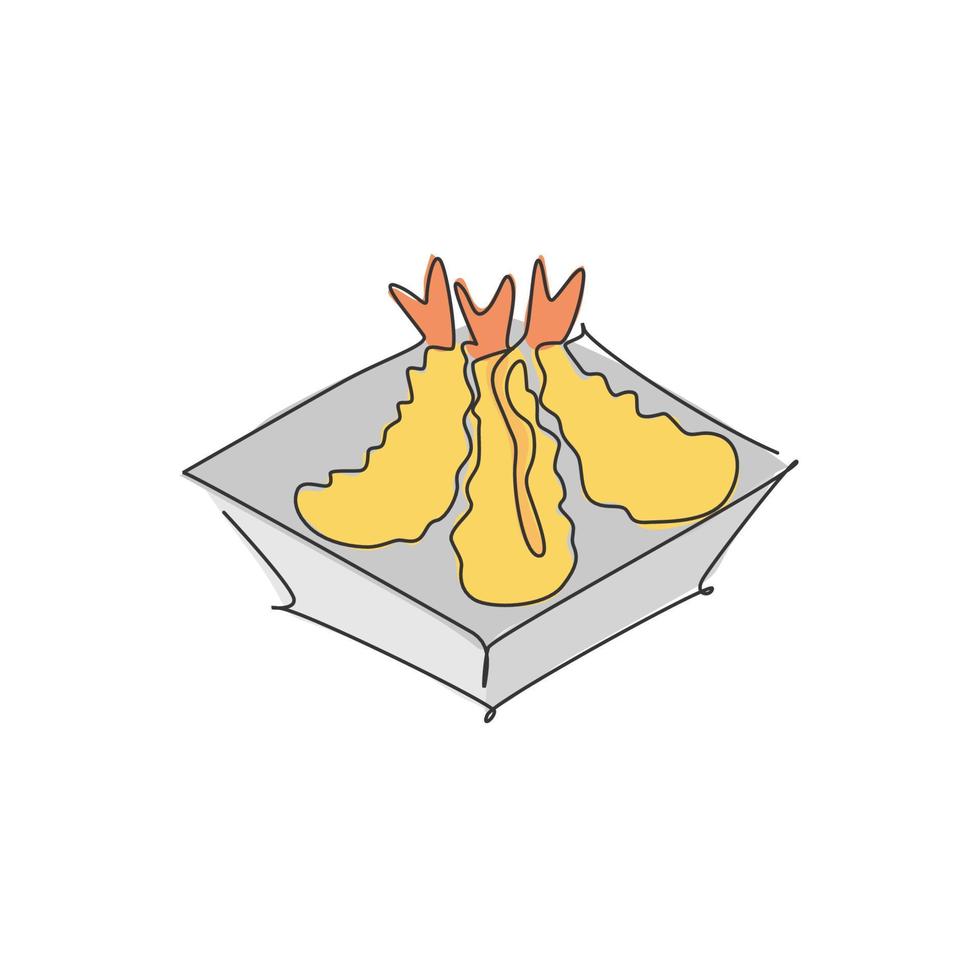 dessin en ligne continue unique de l'étiquette stylisée du logo tempura de crevettes japonaises. concept de restaurant de fruits de mer emblème. illustration vectorielle de conception de dessin à une ligne moderne pour un café, un magasin ou un service de livraison de nourriture vecteur