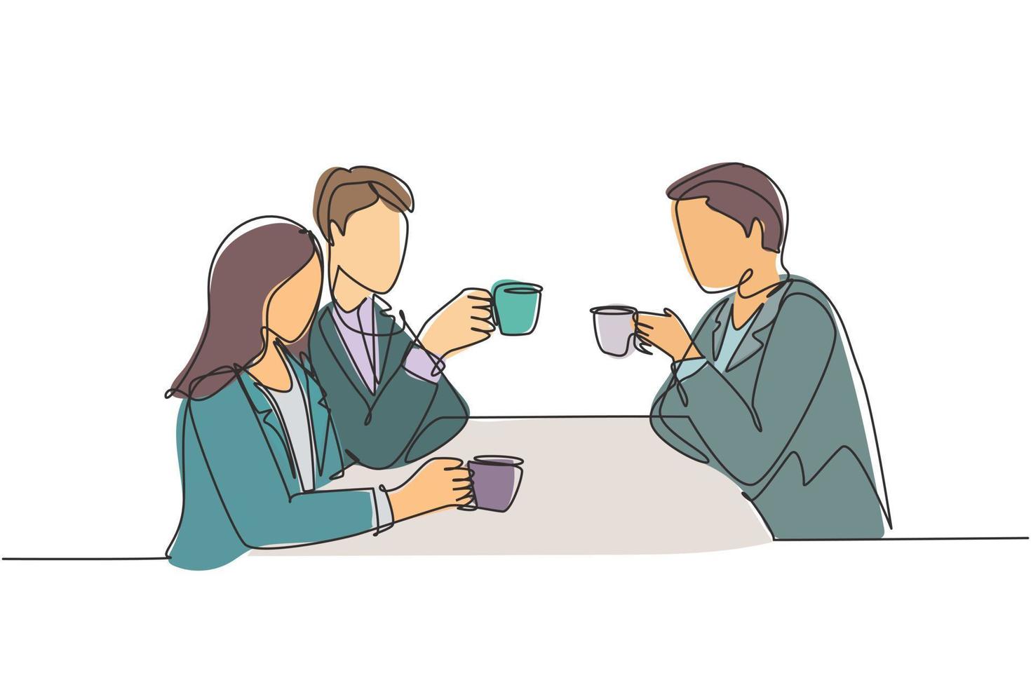 un dessin au trait continu d'un jeune homme d'affaires et d'une femme d'affaires faisant une réunion d'affaires au restaurant tout en tenant une tasse de café. concept de conversation d'affaires. illustration de conception de dessin à une seule ligne vecteur