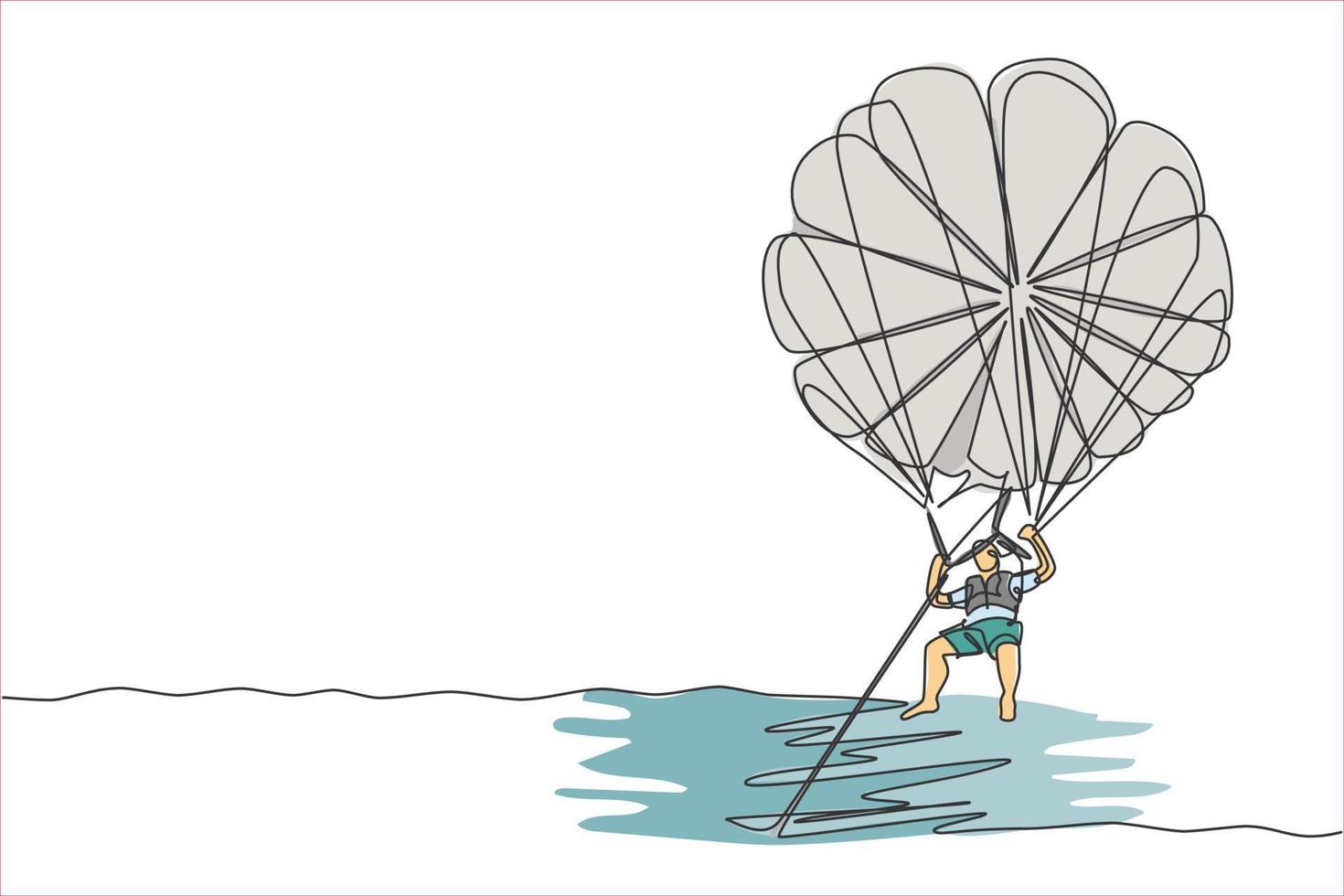 un dessin en ligne continu d'un jeune homme de bravoure volant dans le ciel à l'aide d'un parachute ascensionnel tiré par un bateau. concept de sport extrême dangereux en plein air. illustration vectorielle de dessin à une seule ligne vecteur