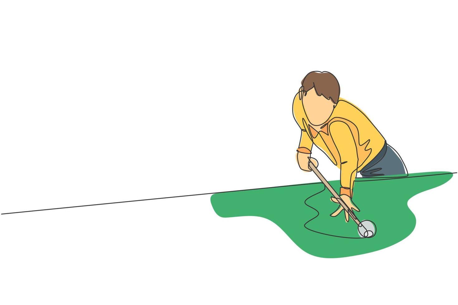 un dessin en ligne continu d'un jeune bel homme se concentre avant de frapper les boules de billard avec un bâton. concept de jeu de sport en salle de tournoi. illustration vectorielle de dessin dynamique à une seule ligne vecteur