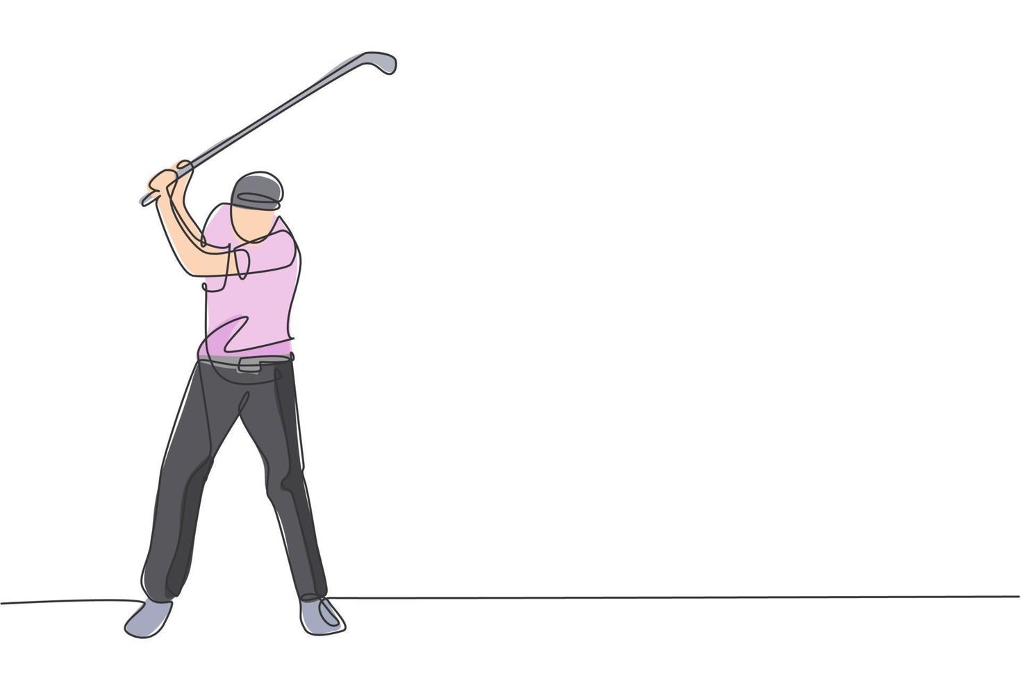 dessin en ligne continue d'un jeune joueur de golf heureux balancer le club de golf pour frapper la balle. concept de sport passe-temps. illustration vectorielle de dessin à la mode à une ligne pour les médias de promotion de tournoi de golf vecteur