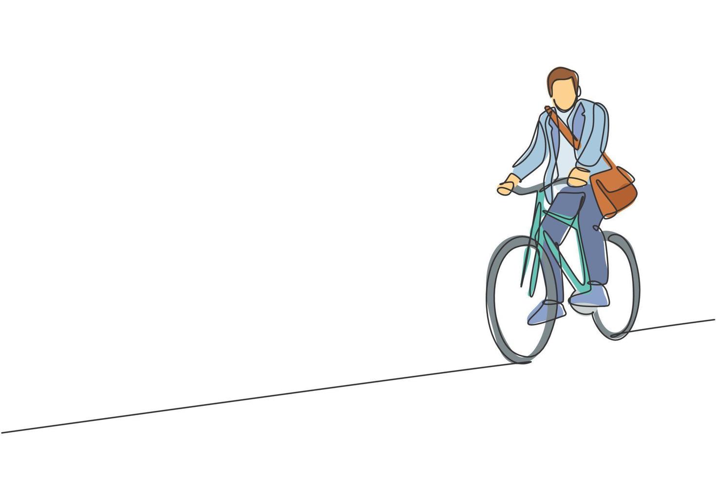 un seul dessin au trait d'un jeune employé de démarrage professionnel heureux homme faire du vélo jusqu'à l'illustration vectorielle de l'espace de coworking. concept de mode de vie sain pour les navetteurs. conception moderne de dessin en ligne continue vecteur