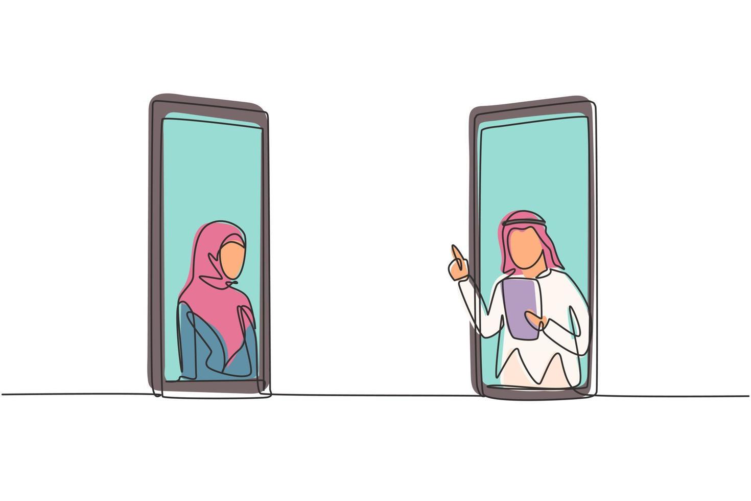 une ligne continue dessinant deux smartphones face à face et contenant une patiente hijab et un médecin arabe avec leurs corps comme s'ils sortaient d'un smartphone. graphique vectoriel de conception de dessin à une seule ligne