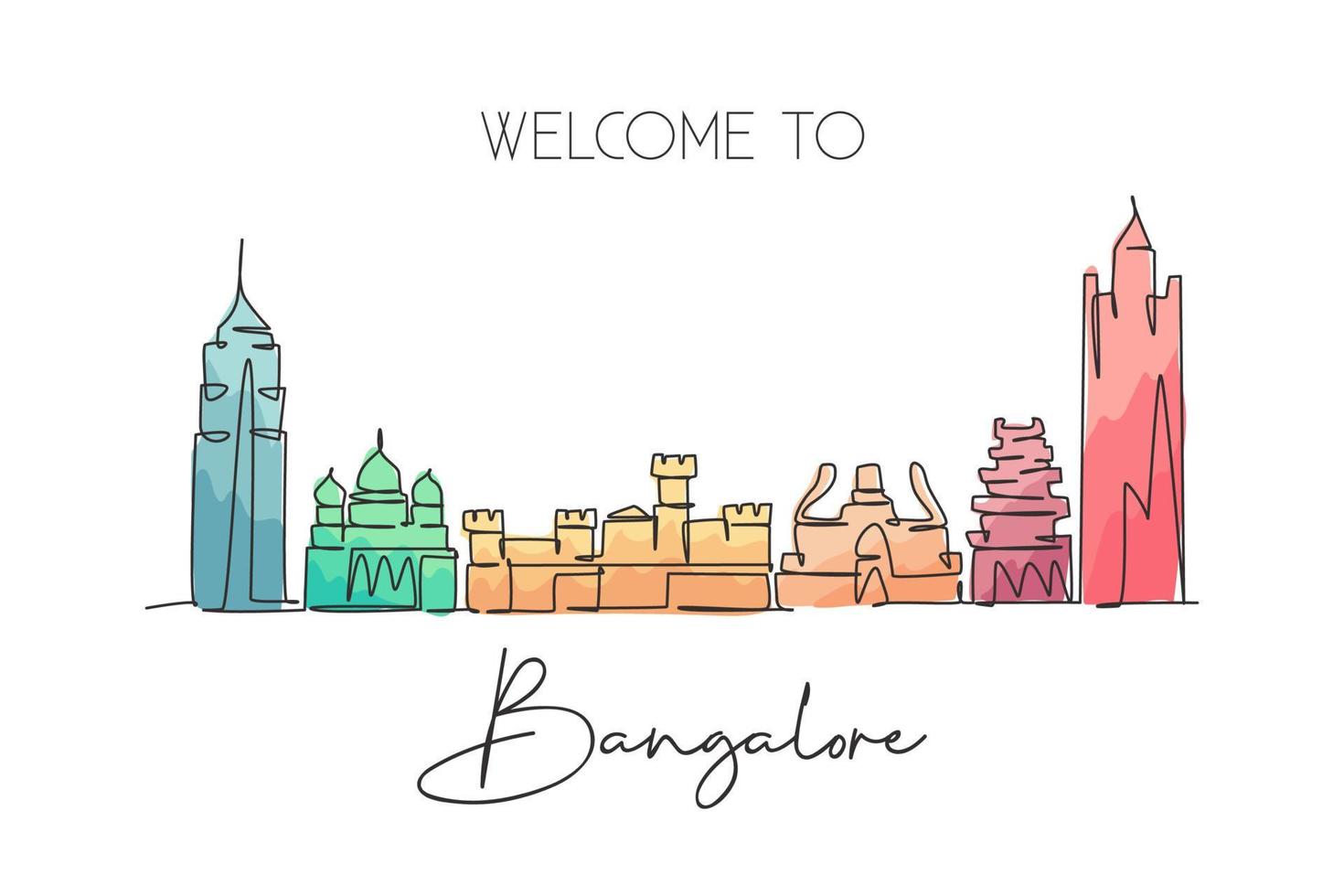 une seule ligne continue dessinant les toits de la ville de bangalore, inde. Grattoir de la ville célèbre et affiche d'art mural de décor à la maison de paysage. concept de voyage mondial. illustration vectorielle de dessin à une ligne moderne vecteur