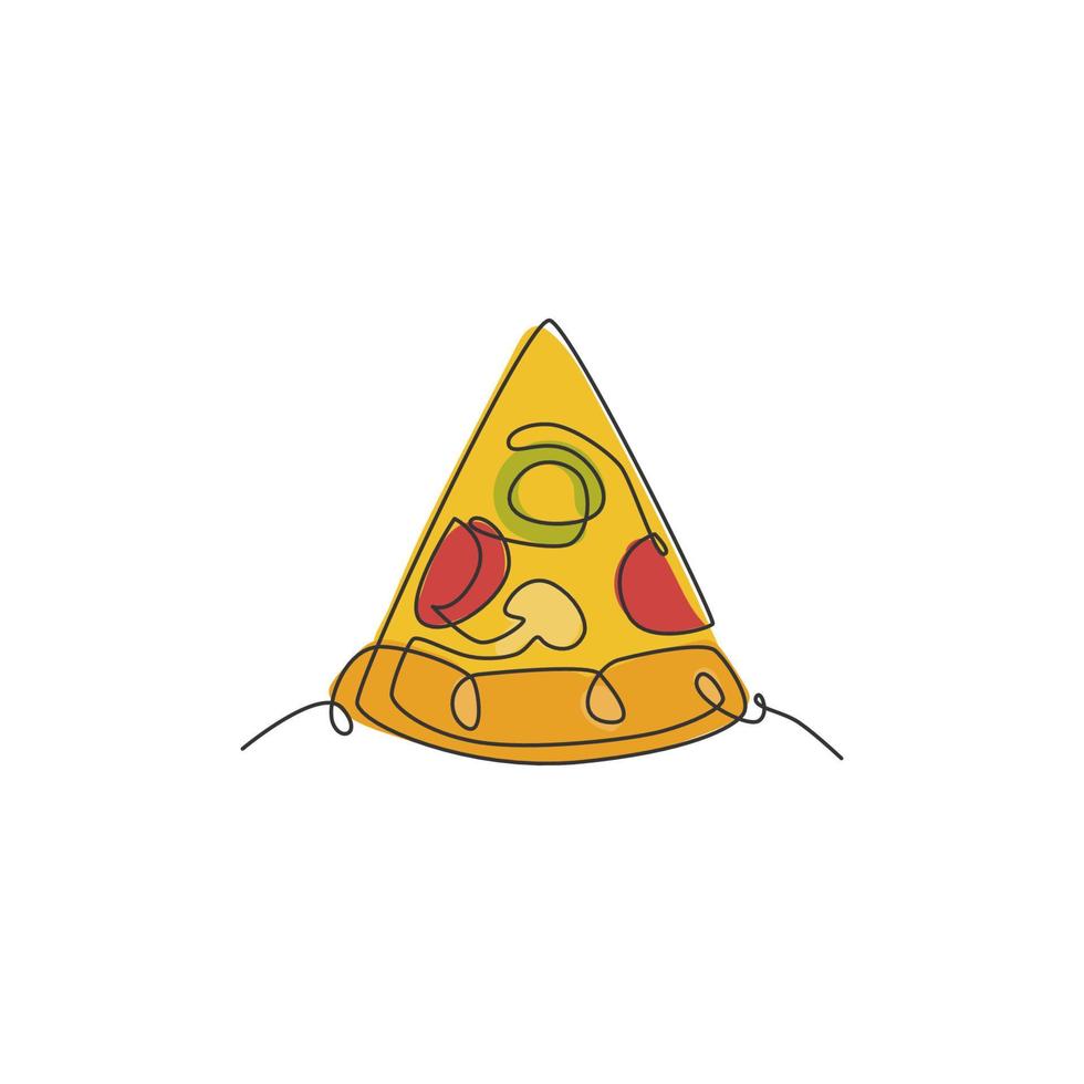 une seule ligne continue dessinant une étiquette de logo de pizza italienne. concept de restaurant pizzeria de restauration rapide emblème. illustration graphique vectorielle de dessin à une ligne moderne pour un café, un magasin ou un service de livraison de nourriture vecteur