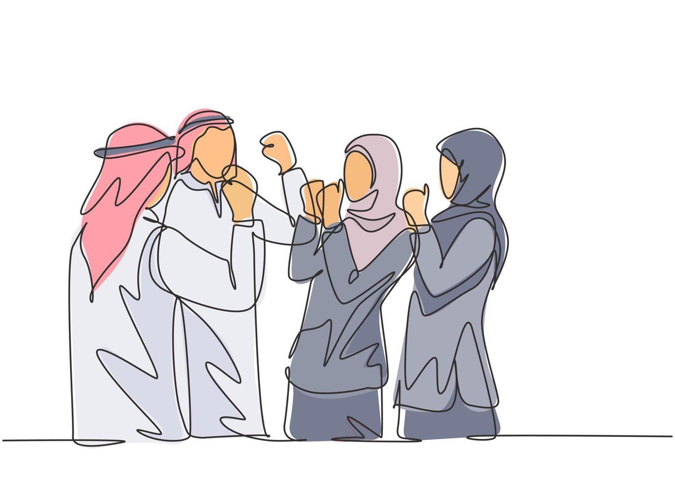 dessin au trait continu unique de jeunes gens d'affaires musulmans célèbrent leur succès. hommes d'affaires arabes du moyen-orient avec shmagh, kandura, thawb, tissu de robe. une ligne dessiner illustration vectorielle de conception vecteur