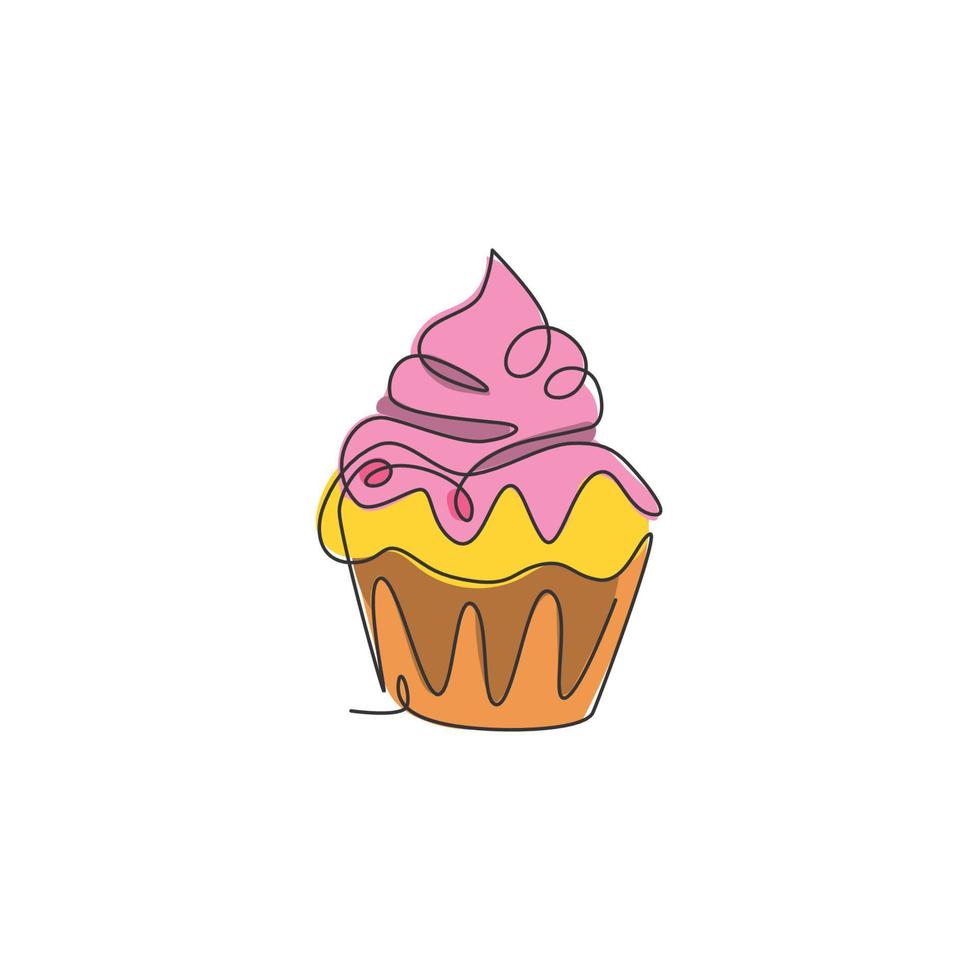 un seul dessin au trait d'illustration vectorielle de logo de boutique en ligne de gâteau de muffin sucré frais. délicieux menu de pâtisserie et concept de badge de restaurant. logotype de cookies de conception de dessin de ligne continue moderne vecteur