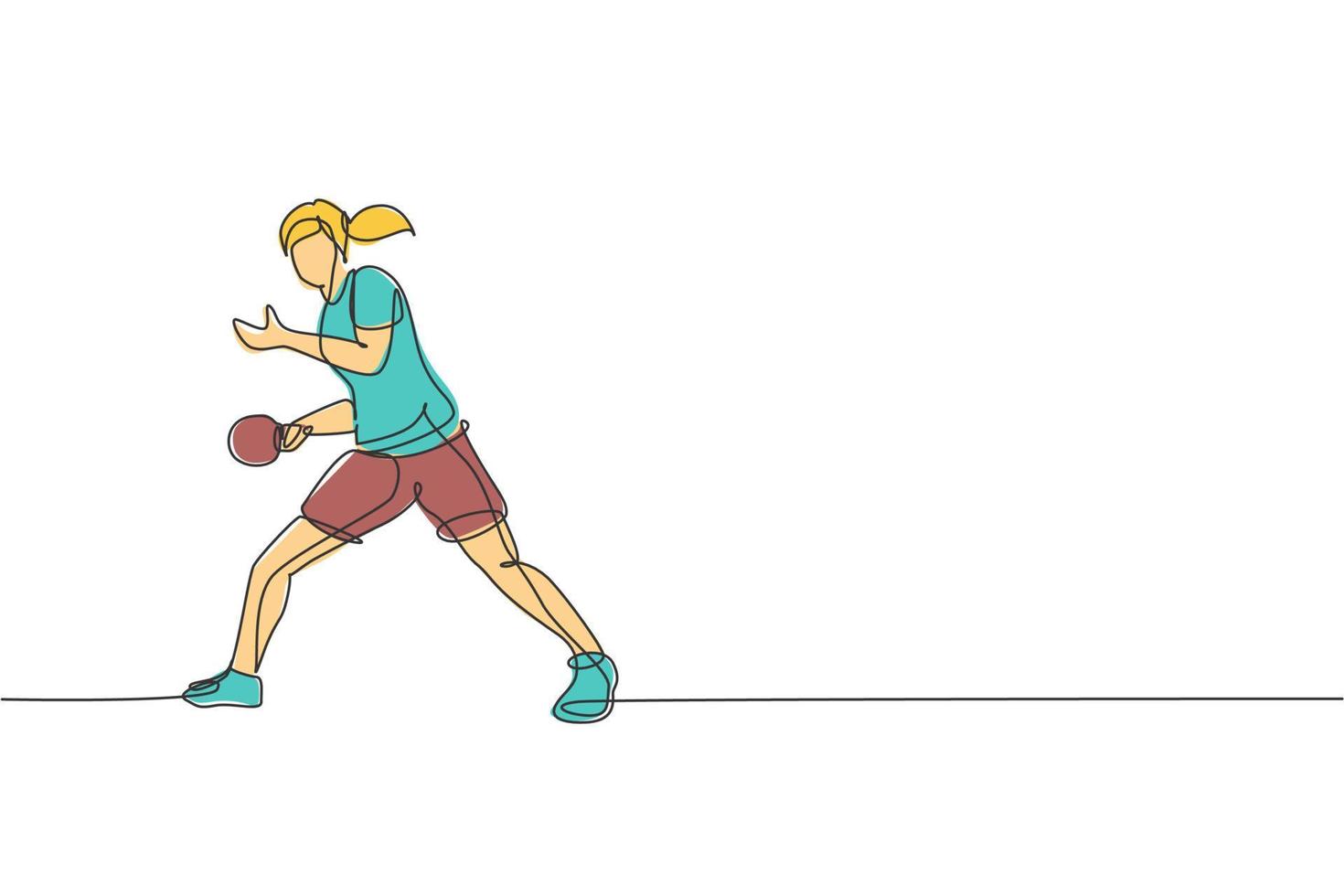 dessin en ligne continue d'une jeune femme agile joueuse de tennis de table sert le ballon. concept d'exercice sportif. illustration vectorielle de dessin à la mode à une ligne pour les médias de promotion du tournoi de ping pong vecteur