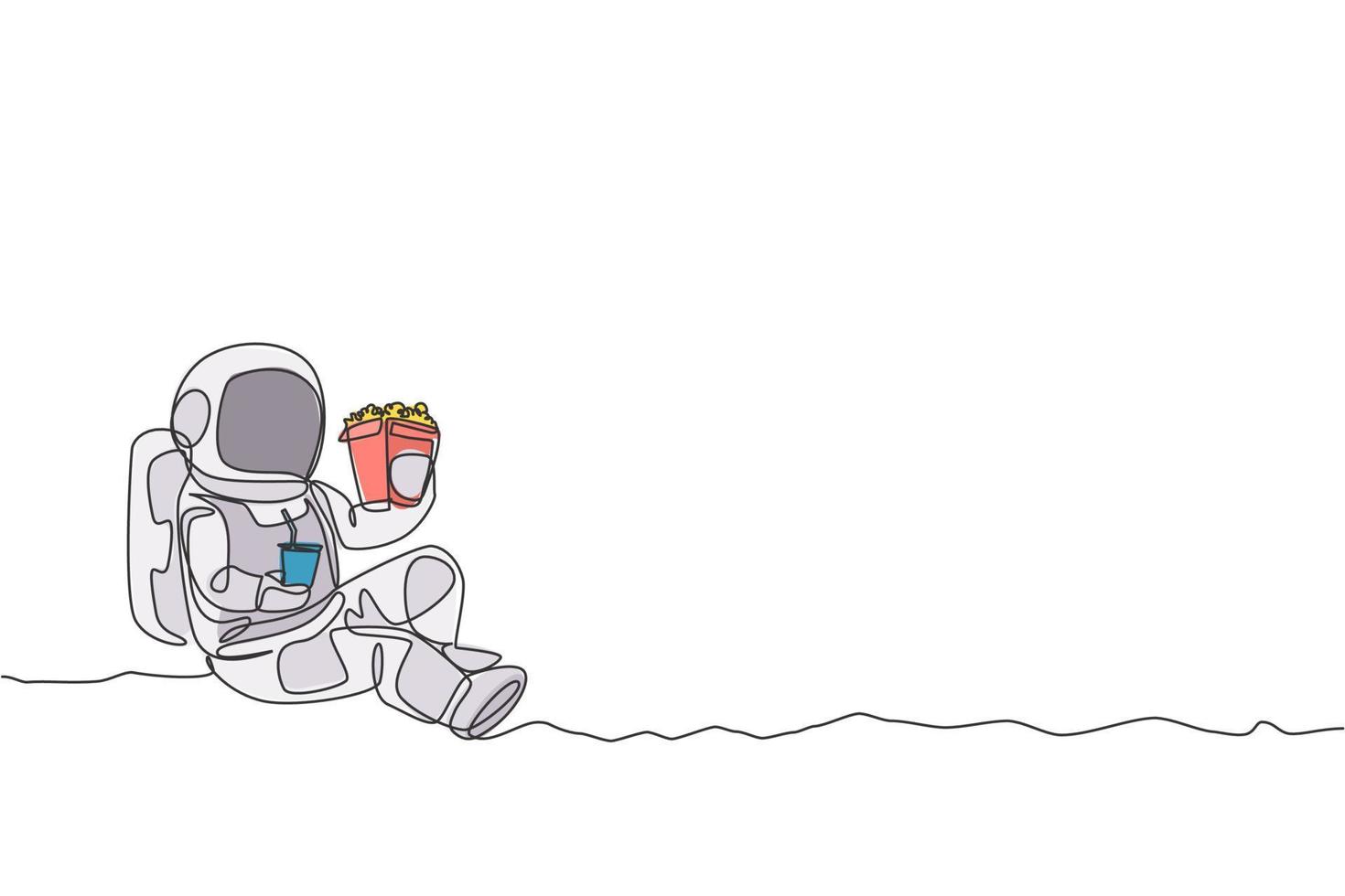 dessin au trait continu unique d'un astronaute assis se détendre sur la surface de la lune tout en mangeant des frites et en buvant du soda doux. concept de vie dans l'espace extra-atmosphérique. illustration vectorielle de conception de dessin à la mode une ligne vecteur