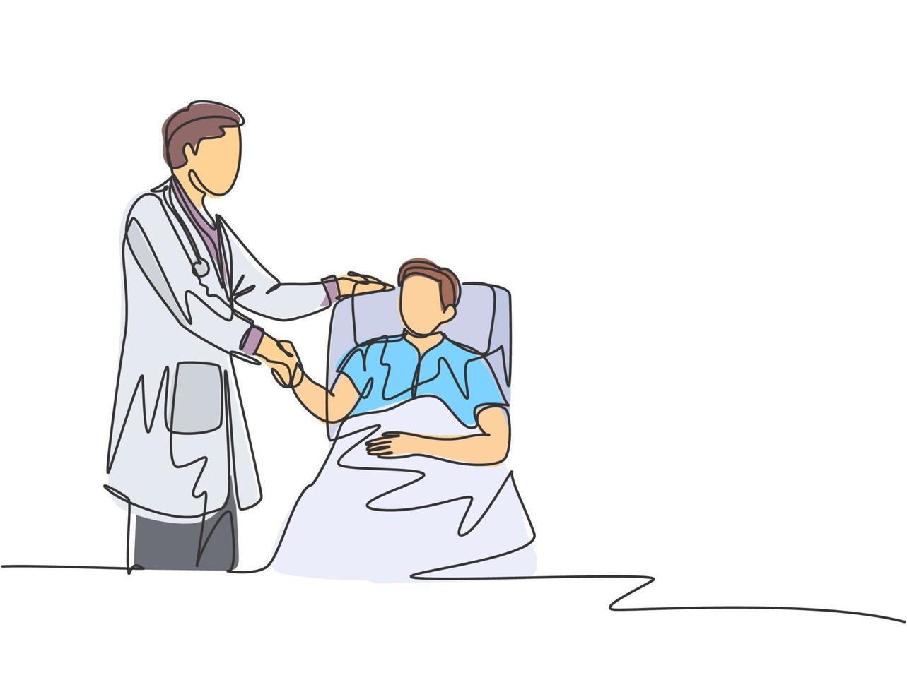 dessin au trait continu d'un jeune médecin rend visite à un patient allongé au lit à l'hôpital et lui serre la main pour lui demander l'état - un vecteur de dessin au trait
