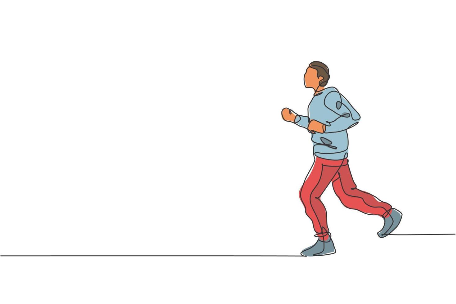 un seul dessin au trait d'un jeune homme énergique coureur courir se détendre au graphique d'illustration vectorielle du matin. concept d'entraînement sportif sain. conception de dessin en ligne continue moderne pour la bannière de course à pied vecteur