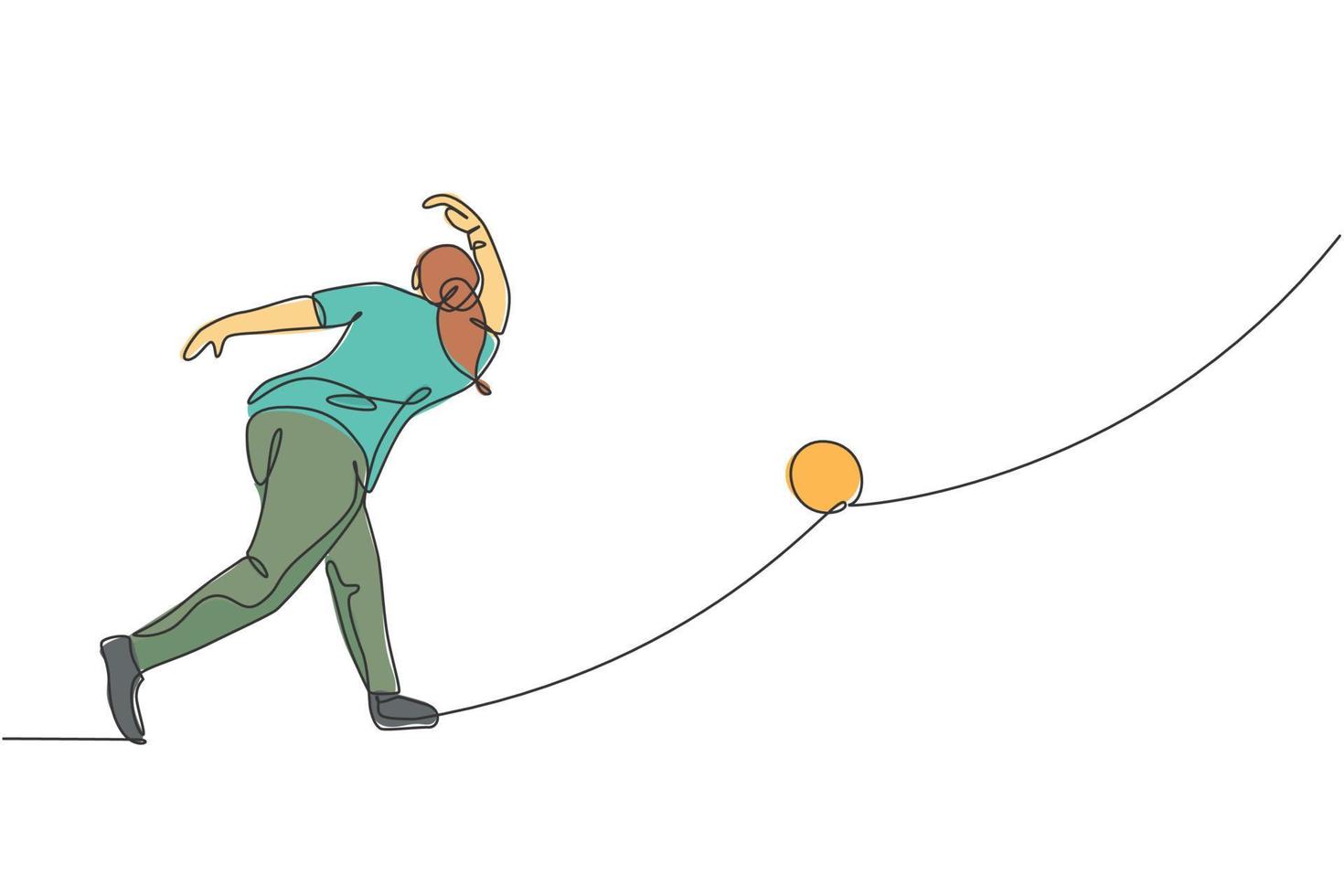 dessin en ligne continue d'un jeune joueur de bowling heureux qui lance une boule de bowling pour frapper les quilles. faire du sport passe-temps au concept de temps libre. illustration vectorielle graphique de conception de dessin à une ligne à la mode vecteur
