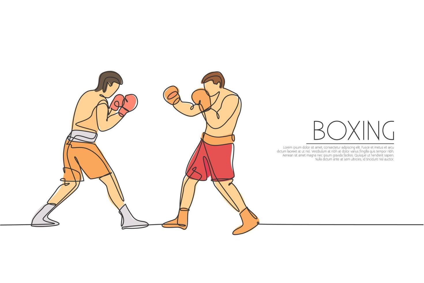 une seule ligne dessinant deux jeunes boxeurs énergiques combattant au graphique d'illustration vectorielle de l'événement. concept d'entraînement combatif sportif. conception de dessin en ligne continue moderne pour la bannière du championnat de boxe vecteur