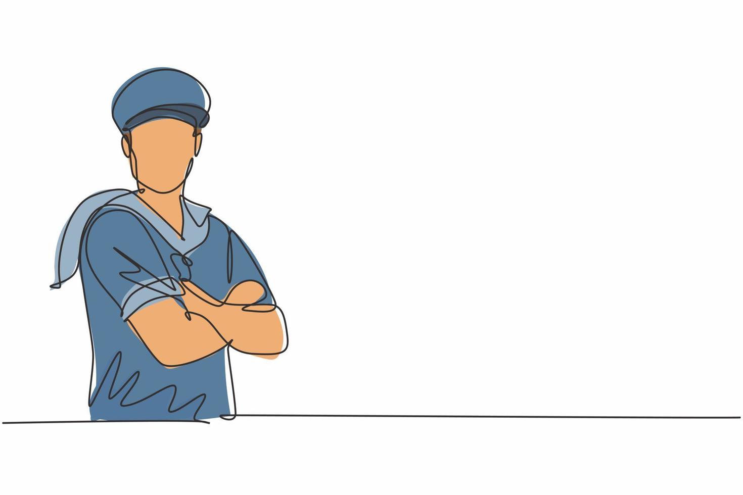 dessin continu d'une ligne d'un jeune marin en uniforme et posant le bras croisé sur la poitrine. concept minimaliste de profession d'emploi professionnel. illustration graphique de vecteur de conception de dessin à une seule ligne