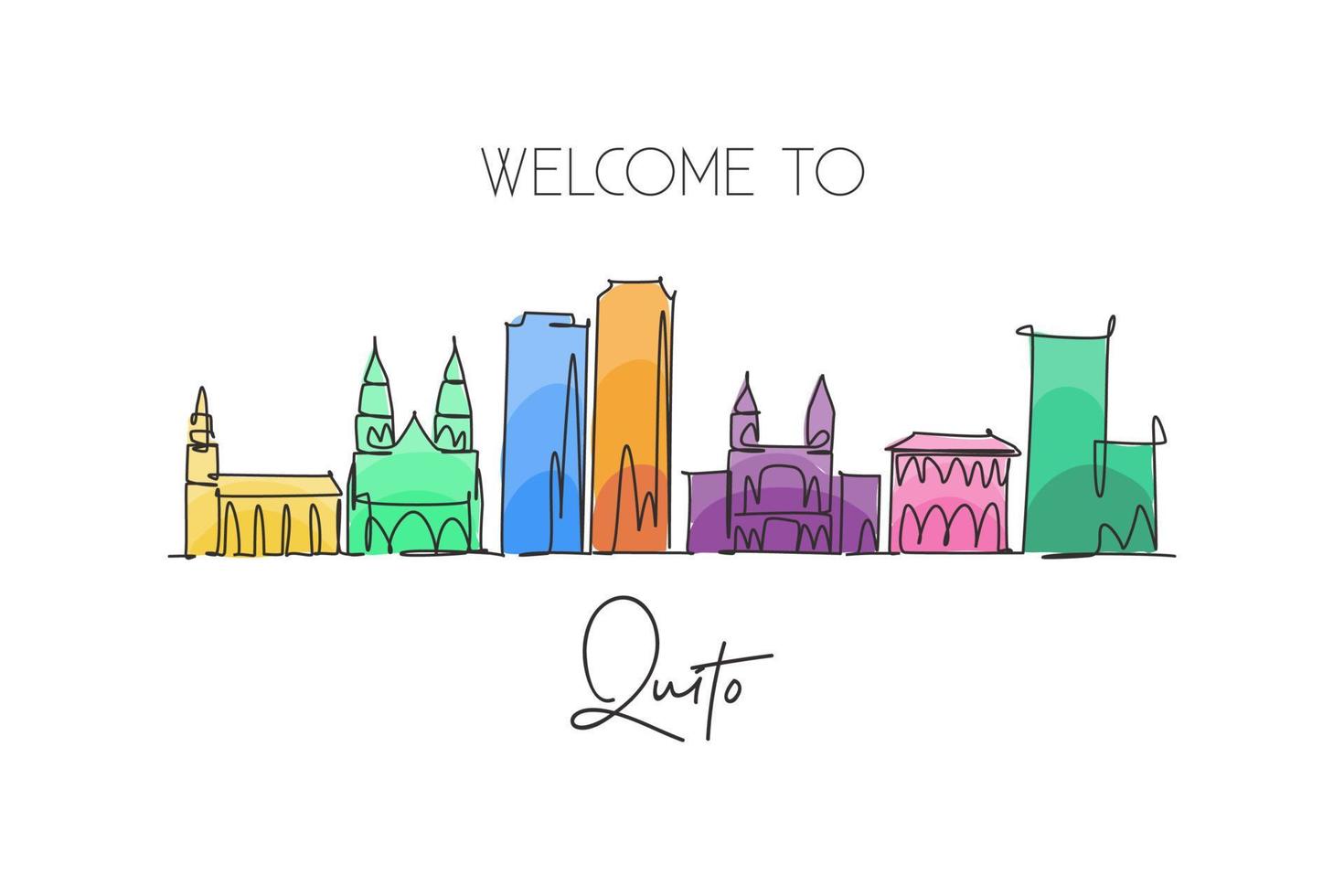 un seul dessin au trait des toits de la ville de quito, équateur. paysage de la ville historique du monde. meilleure carte postale de destination de lieu de vacances. trait modifiable ligne continue à la mode dessin illustration vectorielle de conception vecteur