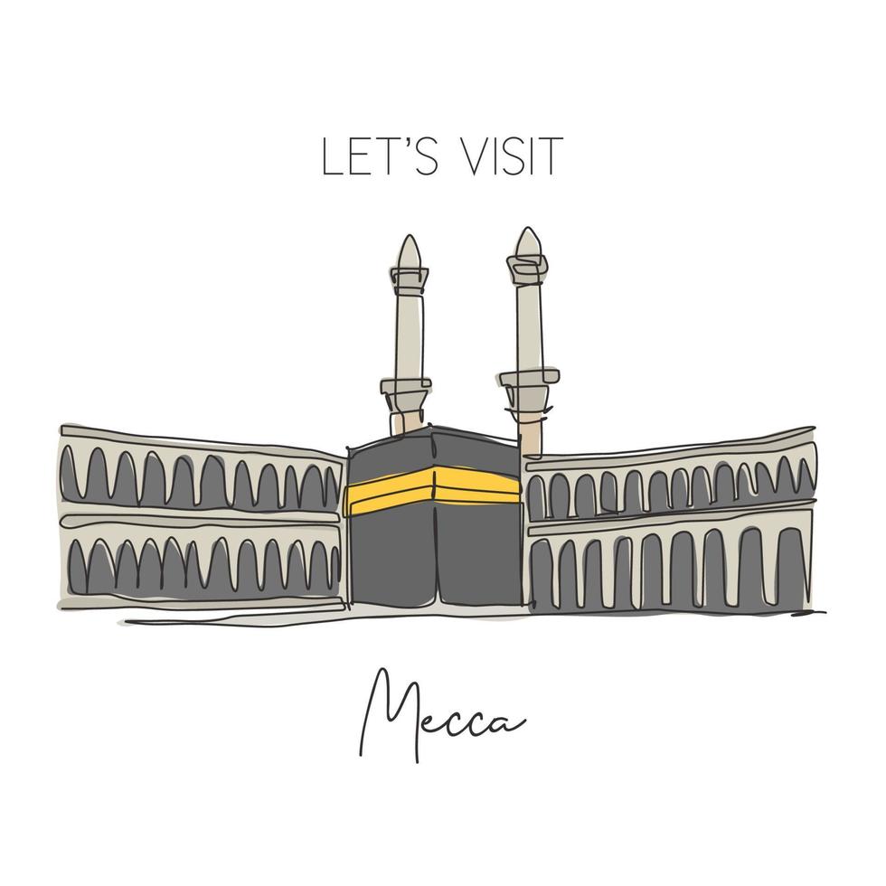 dessin en ligne continue unique masjidil haram repère. lieu le plus saint de la mecque, arabie saoudite. concept d'art de décoration murale de voyage hajj et umrah religieux. illustration vectorielle de dessin dynamique à une ligne vecteur