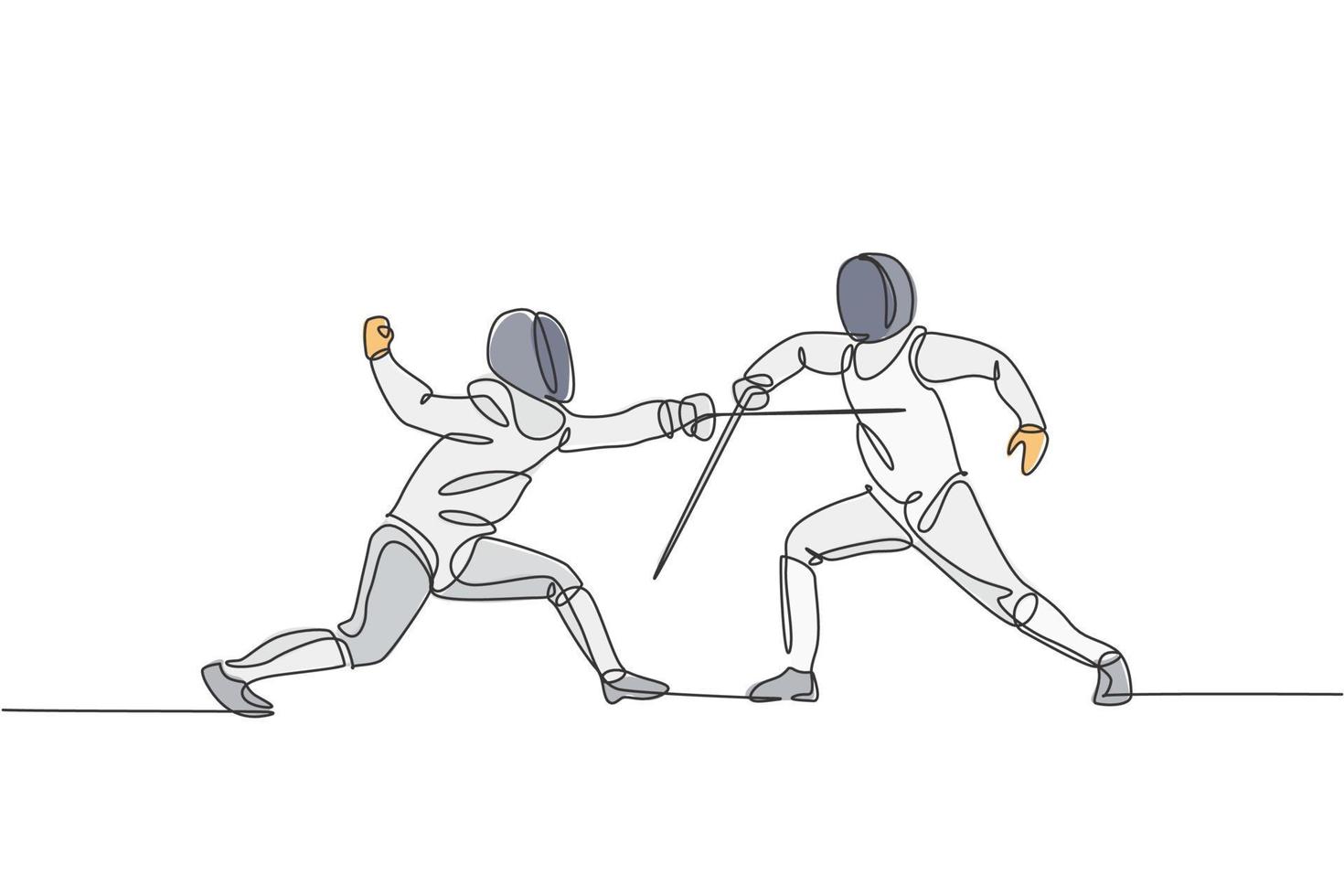 un seul dessin au trait de deux jeunes hommes escrimeur athlète en mouvement d'exercice de costume d'escrime sur l'illustration vectorielle d'arène de sport. concept de sport combatif et de combat. conception moderne de dessin en ligne continue vecteur