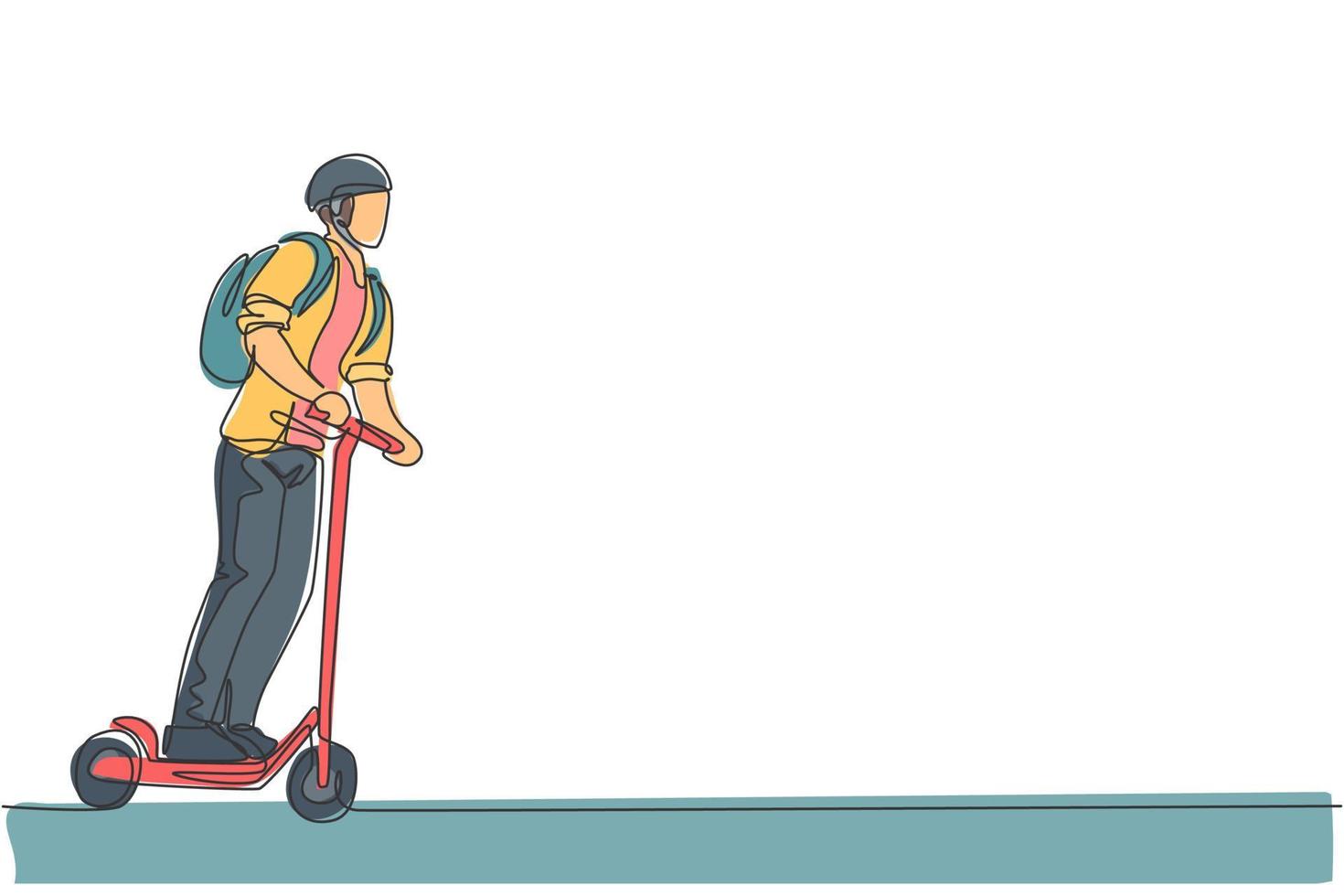 un dessin au trait continu d'un jeune homme d'affaires heureux en scooter électrique pour se rendre à l'entreprise. transports verts. futur concept de mode de vie urbain. illustration vectorielle de dessin dynamique à une seule ligne vecteur