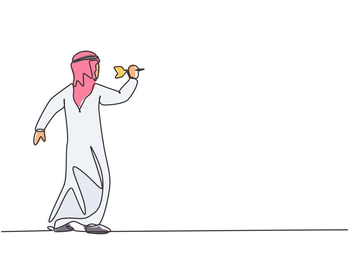 dessin au trait continu unique jeune homme d'affaires arabe se concentrer pour atteindre la cible avec une fléchette précise. concept minimaliste de gestion des objectifs commerciaux. Une ligne dynamique dessiner illustration vectorielle de conception graphique vecteur