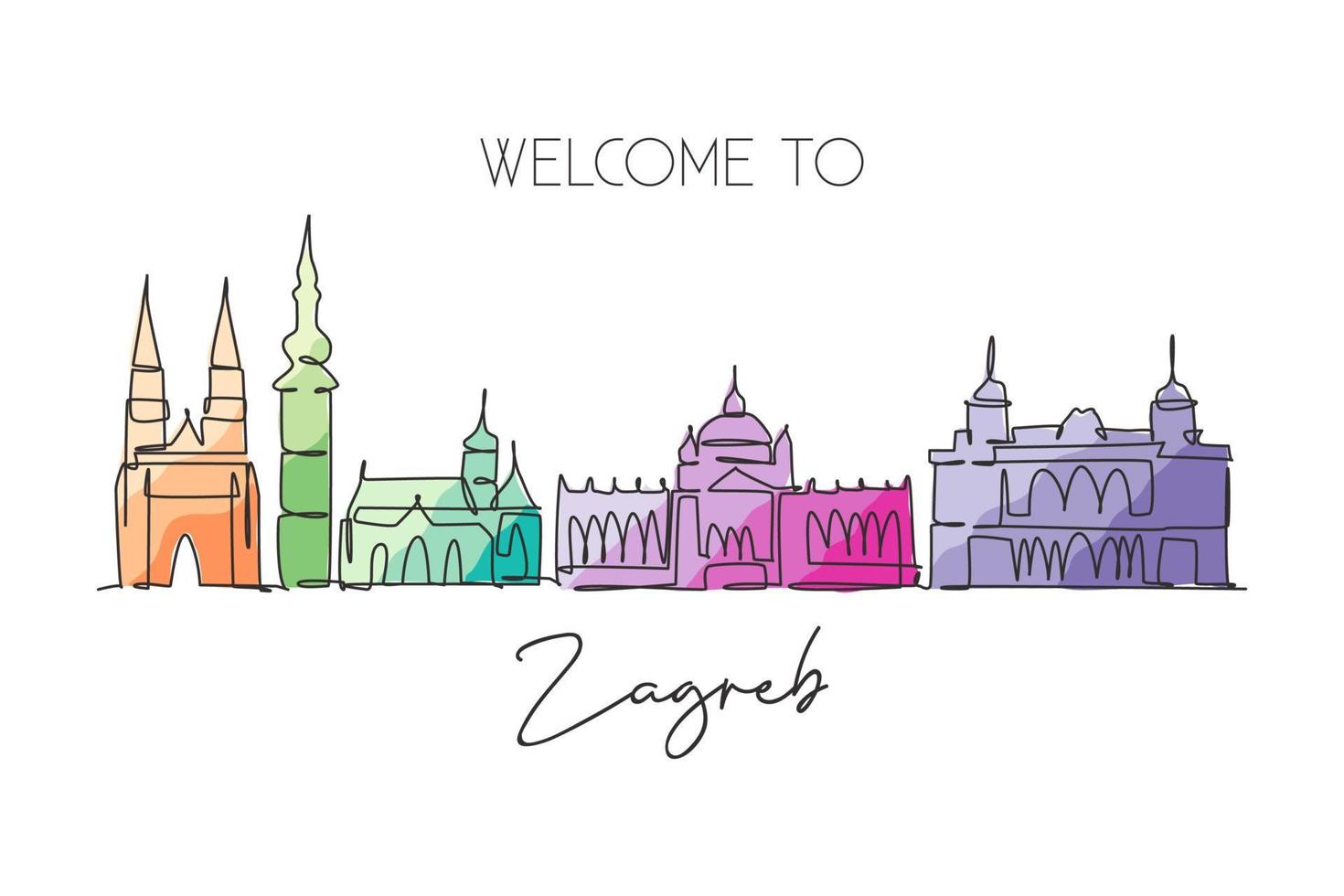 un dessin en ligne continu des toits de la ville de zagreb, croatie. beau repère. monde paysage tourisme voyage vacances décoration murale affiche impression. illustration vectorielle de conception de dessin à une seule ligne élégante vecteur