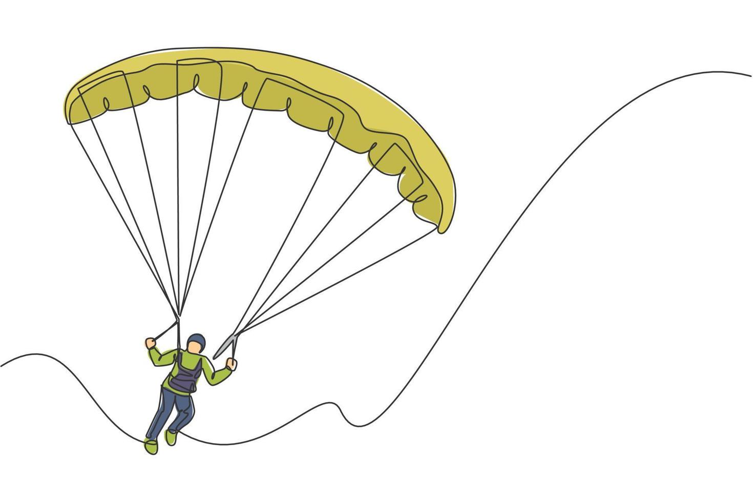 un dessin en ligne continu d'un jeune homme de bravoure volant dans le ciel à l'aide d'un parachute de parapente. concept de sport extrême dangereux en plein air. illustration graphique vectorielle de conception de dessin à une seule ligne dynamique vecteur